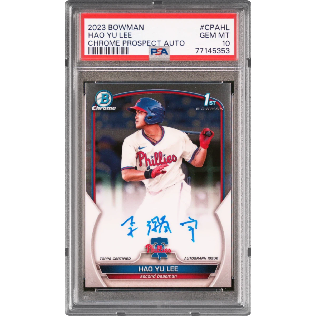 2023 Bowman Chrome Prospect Autographs #CPAHL Hao YU Lee (PSA 10 GEM MINT)