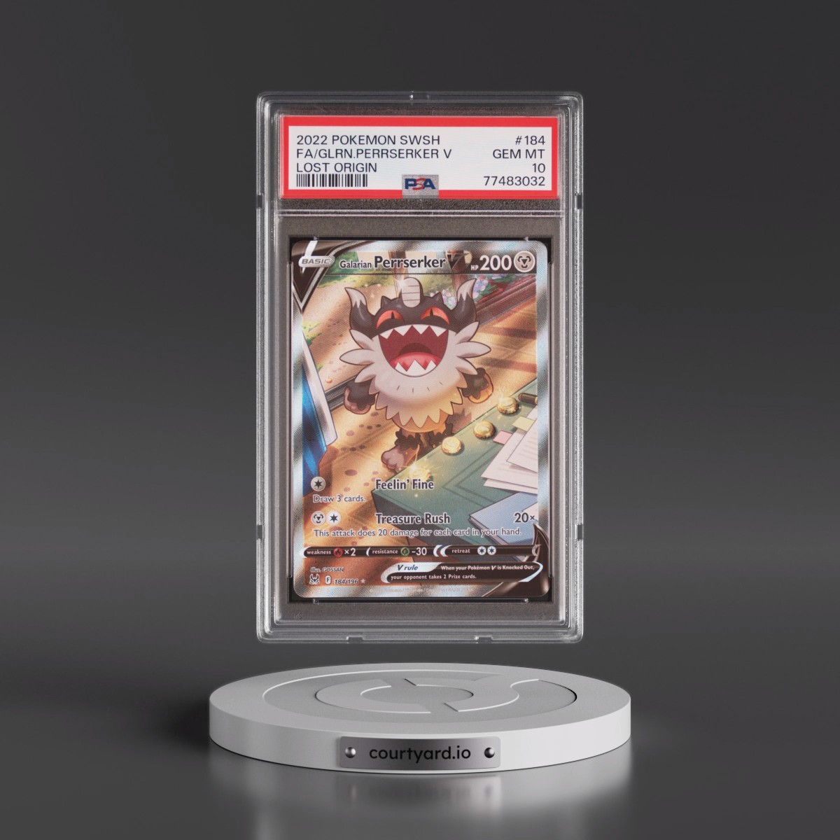 2022 Pokémon Sword & Shield Lost Origin #184 Galarian Perrserker V - Holo Full Art (PSA 10 GEM MINT)