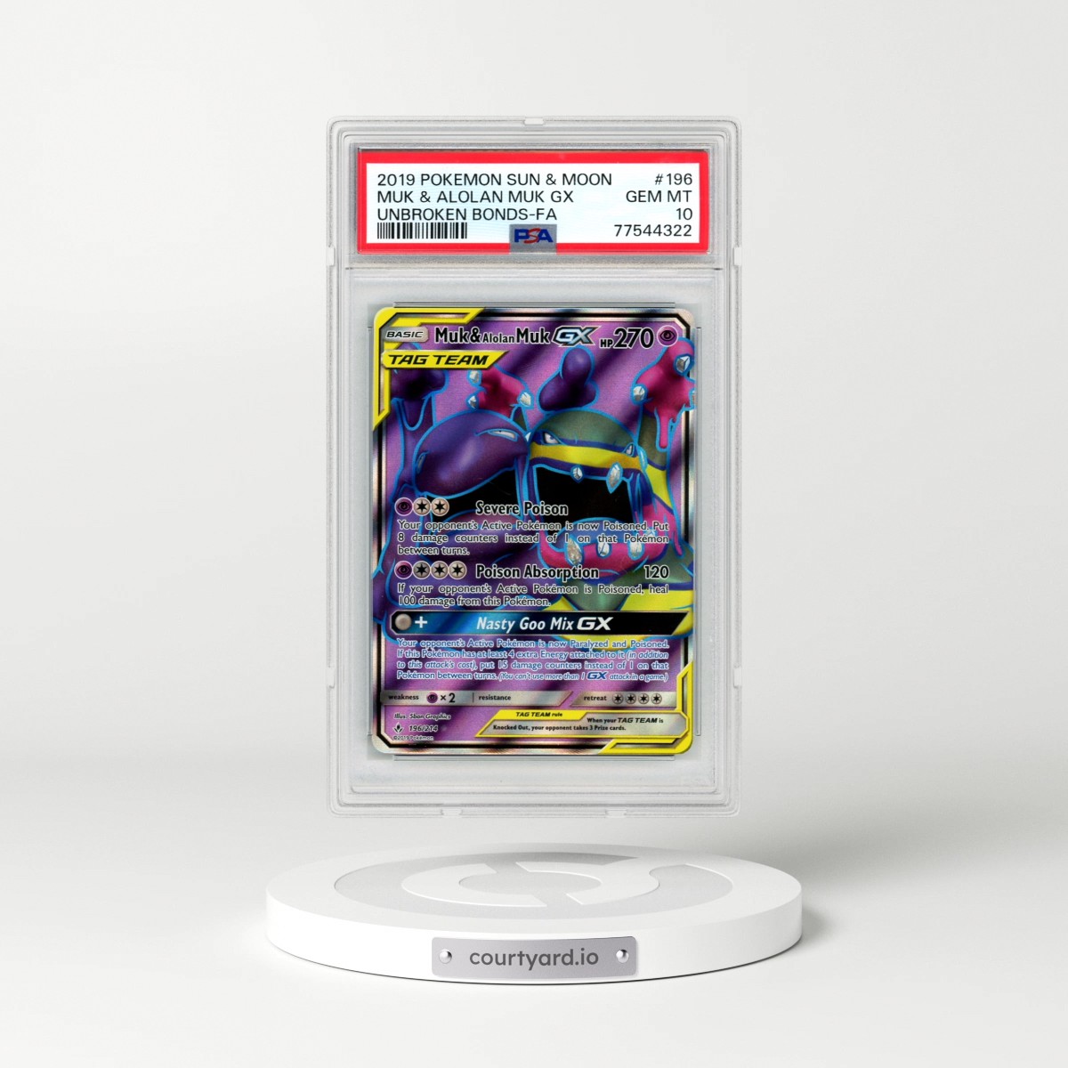 2019 Pokémon Sun & Moon Unbroken Bonds #196 Muk & Alolan Muk GX - Holo Full Art (PSA 10 GEM MINT)