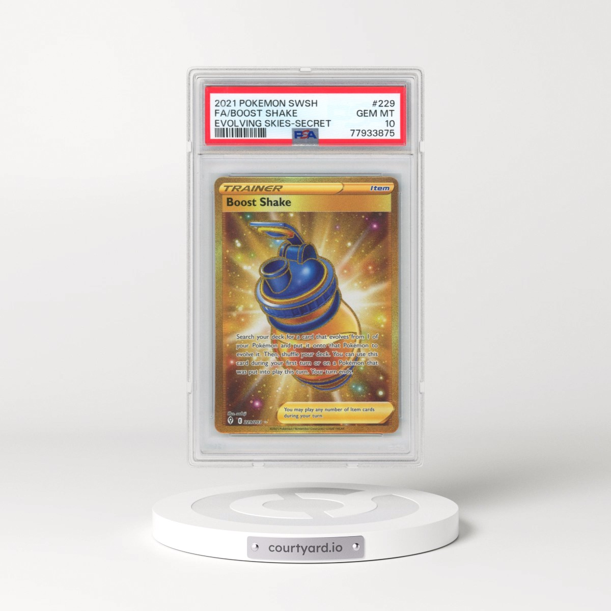 2021 Pokémon Sword & Shield Evolving Skies #229 Boost Shake - Full Art Secret (PSA 10 GEM MINT)