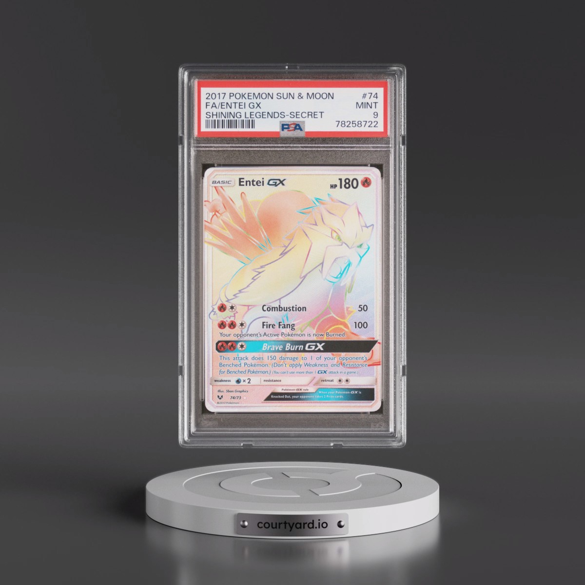 2017 Pokémon Sun & Moon Shining Legends #74 Entei GX - Holo Full Art Secret (PSA 9 MINT)