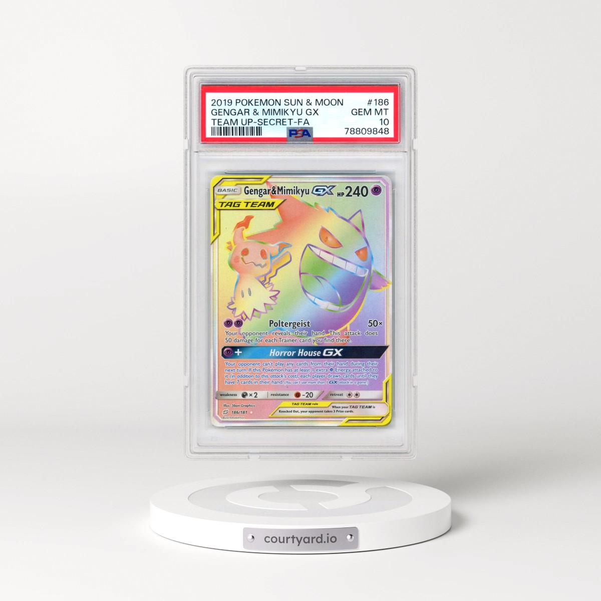 2019 Pokémon Sun & Moon Team Up #186 Gengar & Mimikyu GX - Holo Full Art Secret (PSA 10 GEM MINT)