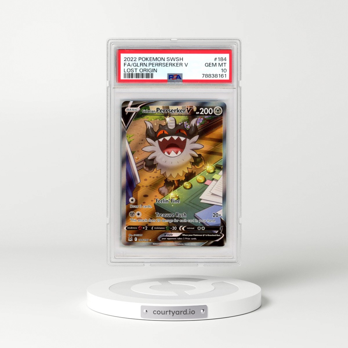 2022 Pokémon Sword & Shield Lost Origin #184 Galarian Perrserker V - Holo Full Art (PSA 10 GEM MINT)