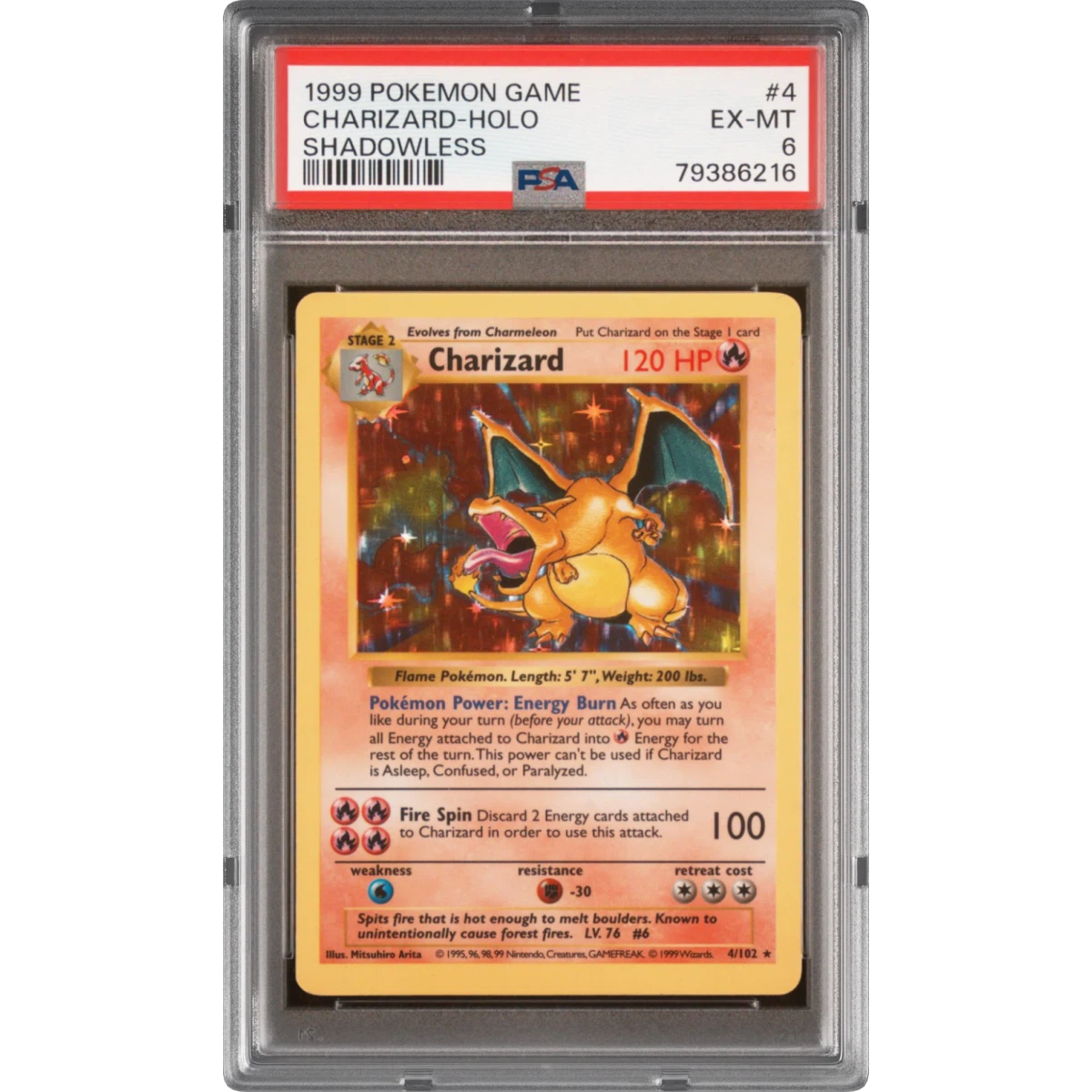 1999 Pokémon Game #4 Charizard - Holo Shadowless (PSA 6 EX-MT)