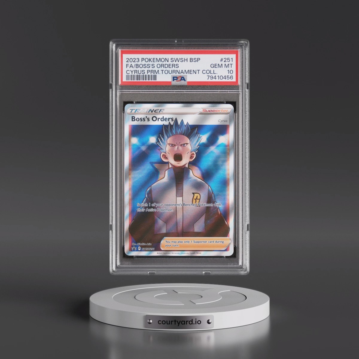 2023 Pokémon Swsh Black Star Promo #251 Boss's Orders - Full Art Cyrus Premium Tournament Collection (PSA 10 GEM MINT)