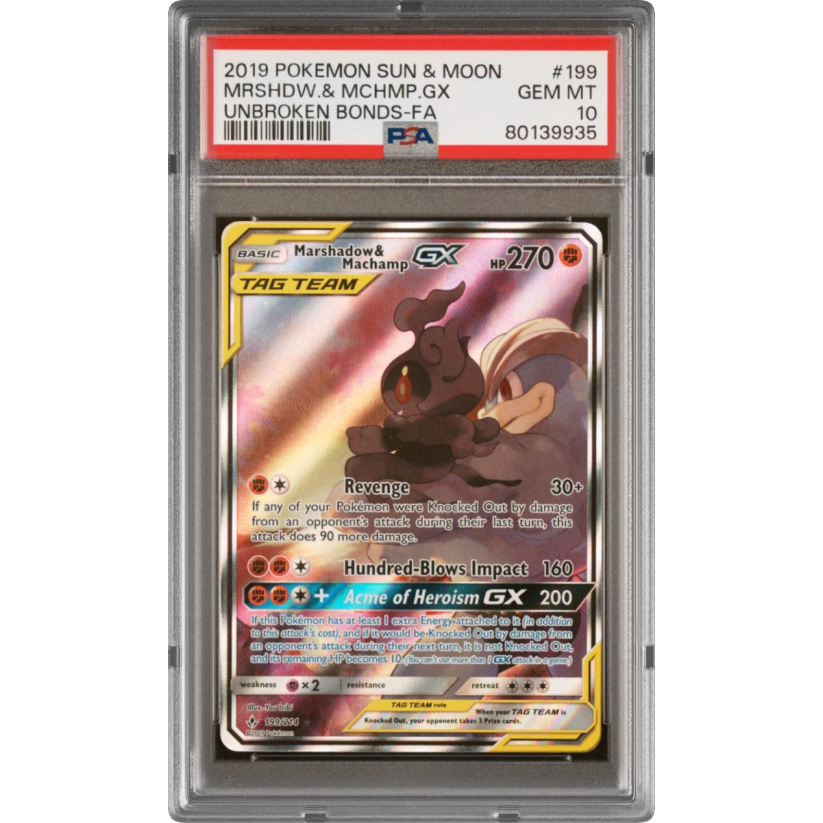 2019 Pokémon Sun & Moon Unbroken Bonds #199 Marshadow & Machamp GX - Holo Full Art (PSA 10 GEM MINT)