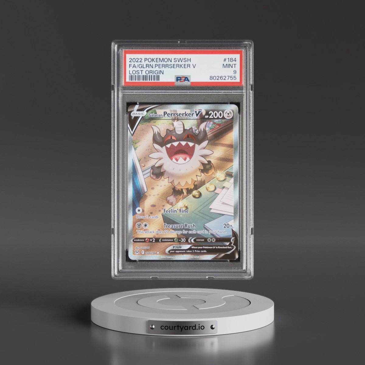 2022 Pokémon Sword & Shield Lost Origin #184 Galarian Perrserker V - Holo Full Art (PSA 9 MINT)