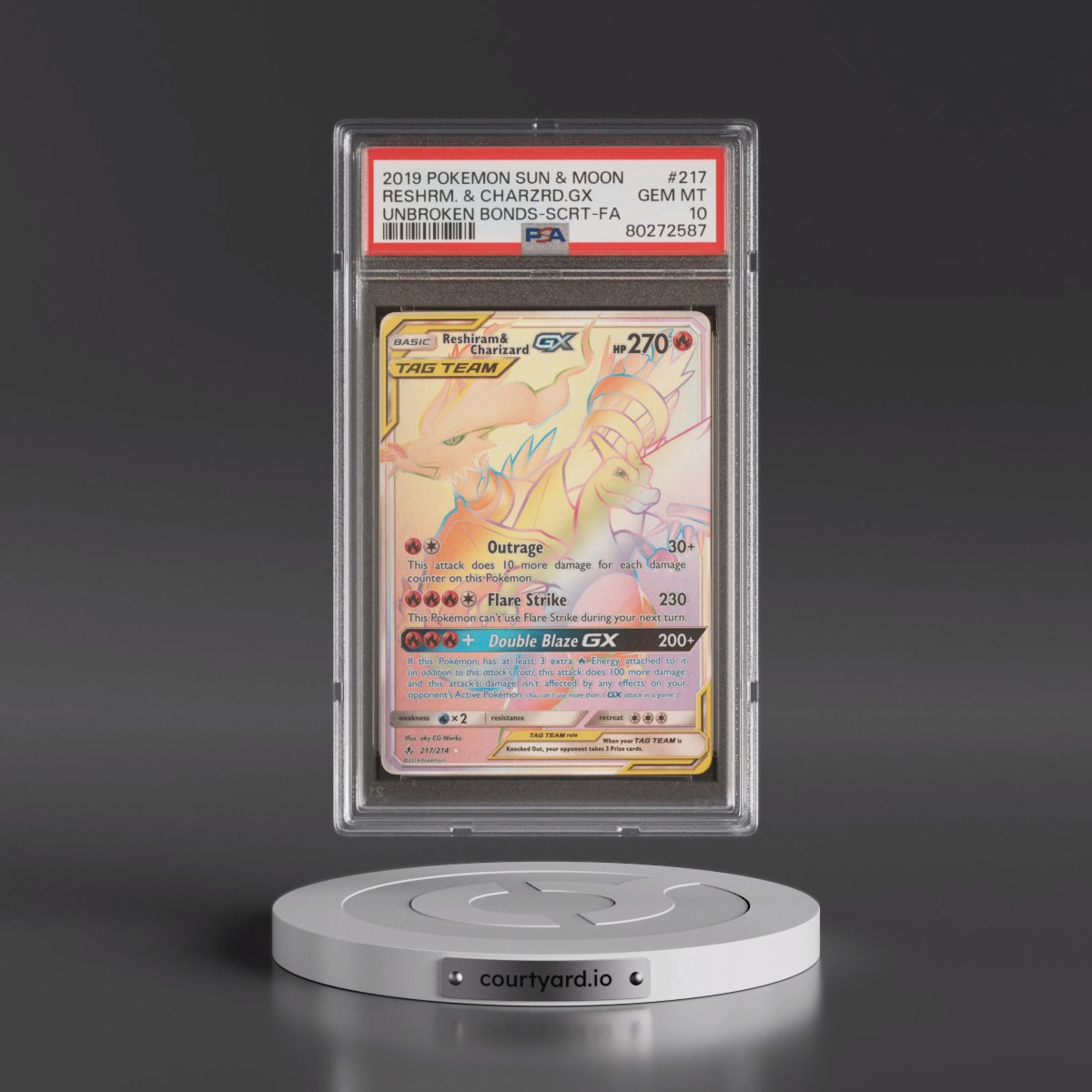 2019 Pokémon Sun & Moon Unbroken Bonds #217 Reshiram & Charizard GX - Holo Full Art Secret (PSA 10 GEM MINT)