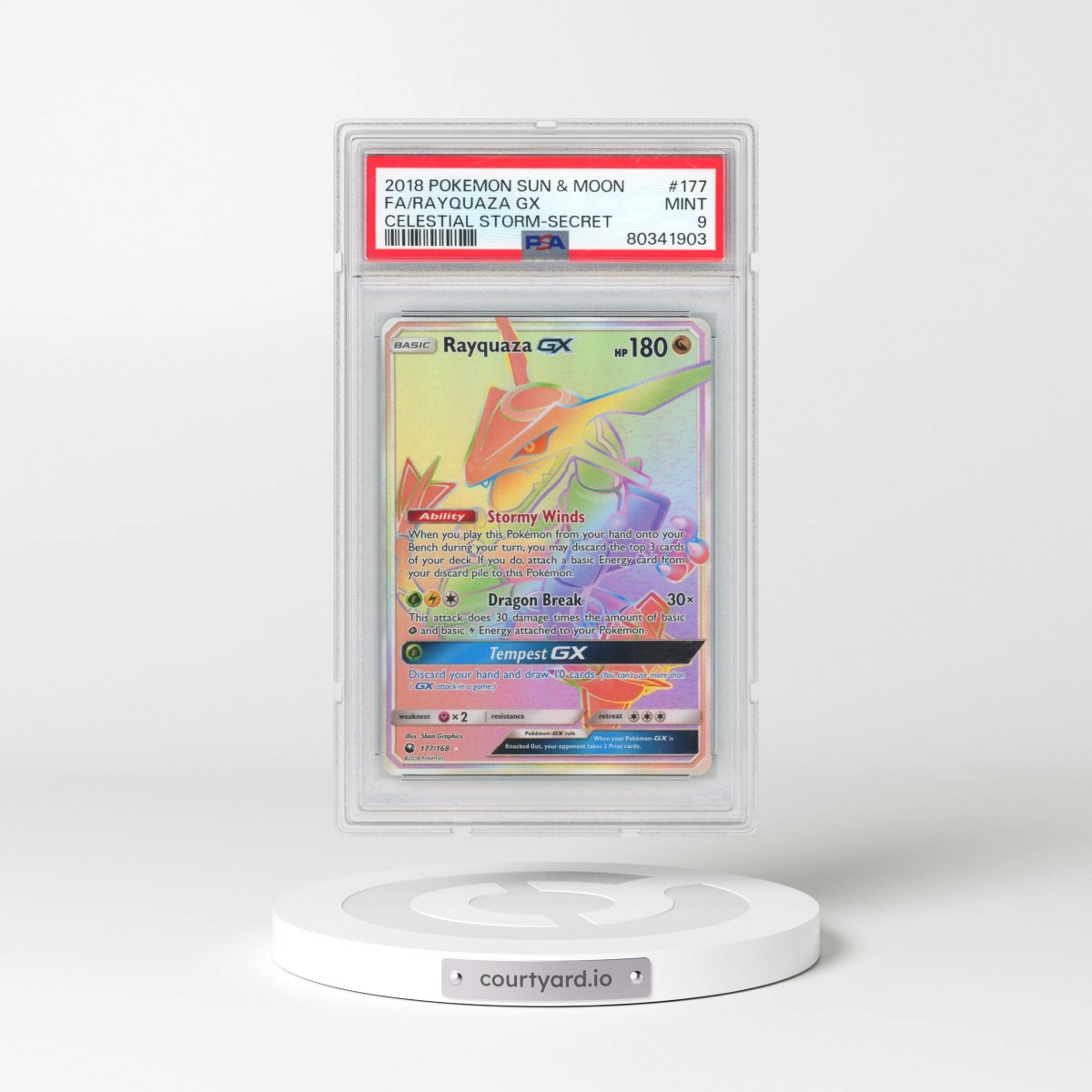 2018 Pokémon Sun & Moon Celestial Storm #177 Rayquaza GX - Holo Full Art Secret (PSA 9 MINT)