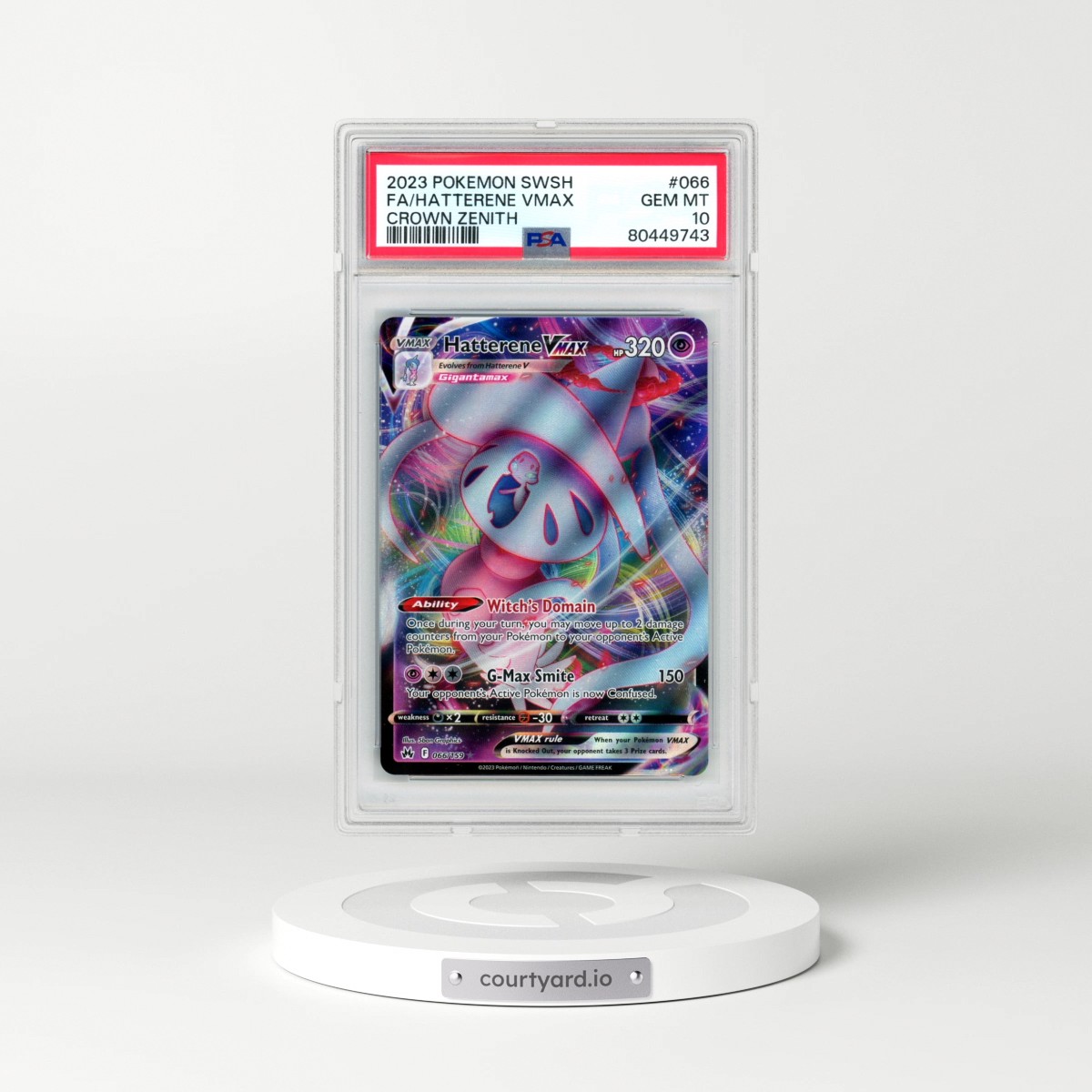 2023 Pokémon Sword and Shield Crown Zenith #066 Hatterene Vmax - Full Art (PSA 10 GEM MINT)
