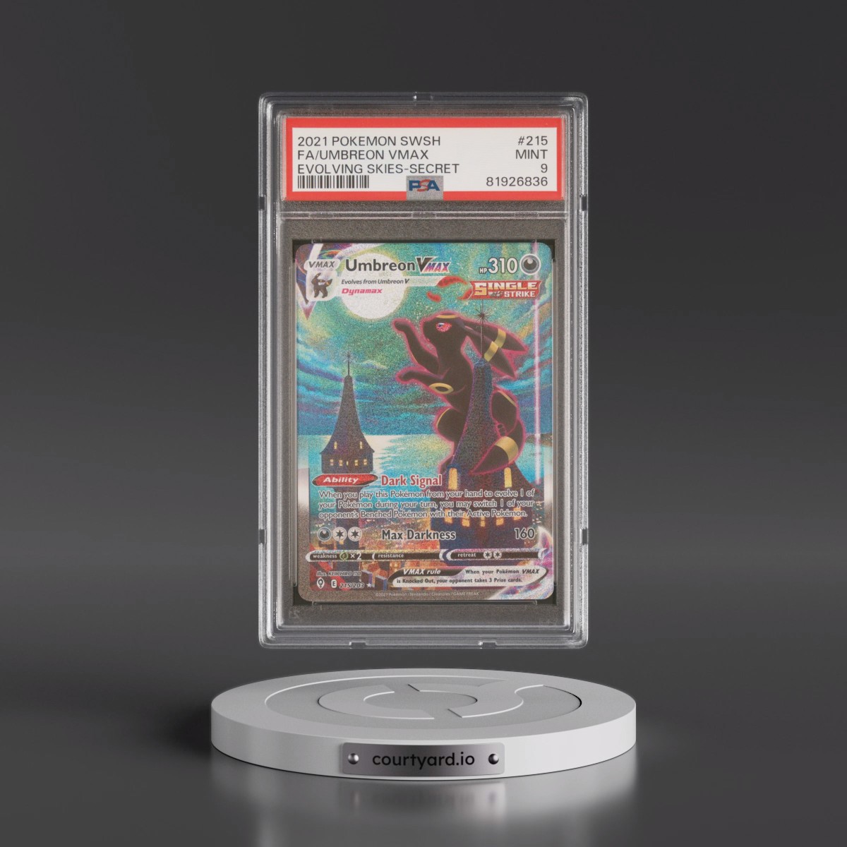 2021 Pokémon Sword & Shield Evolving Skies #215 Umbreon Vmax - Full Art Secret (PSA 9 MINT)