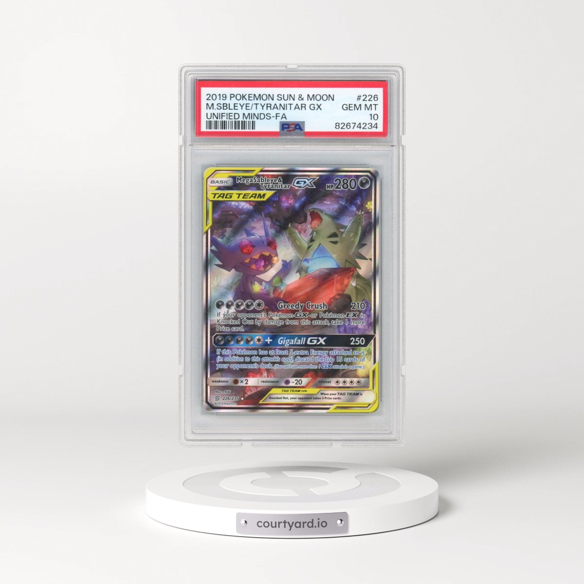 2019 Pokémon Sun & Moon Unified Minds #226 Mega Sableye & Tyranitar GX - Holo Full Art (PSA 10 GEM MINT)