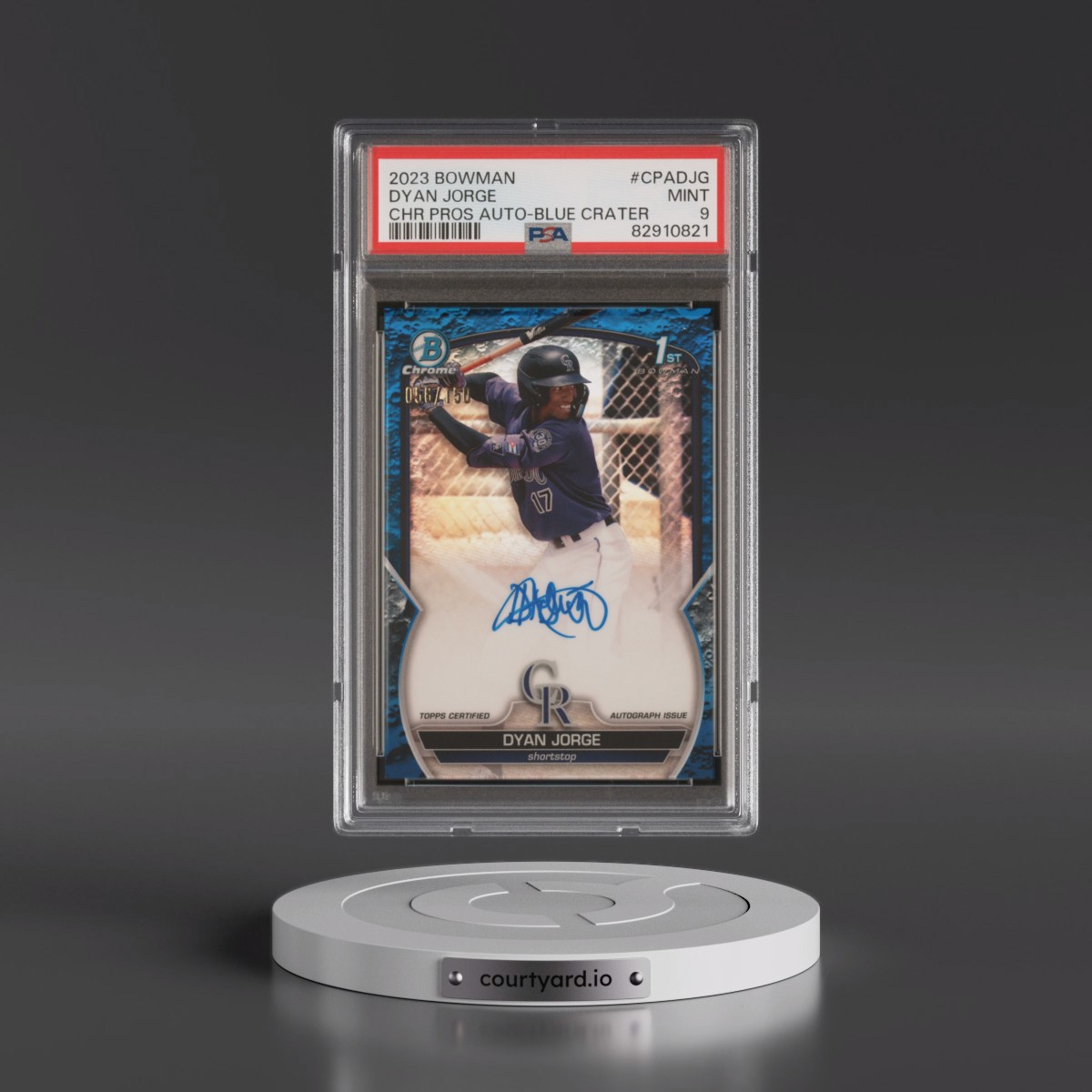 2023 Bowman Chrome Prospect Autographs Dyan Jorge - Blue Lunar Crater Refractor #CPADJG PSA 9