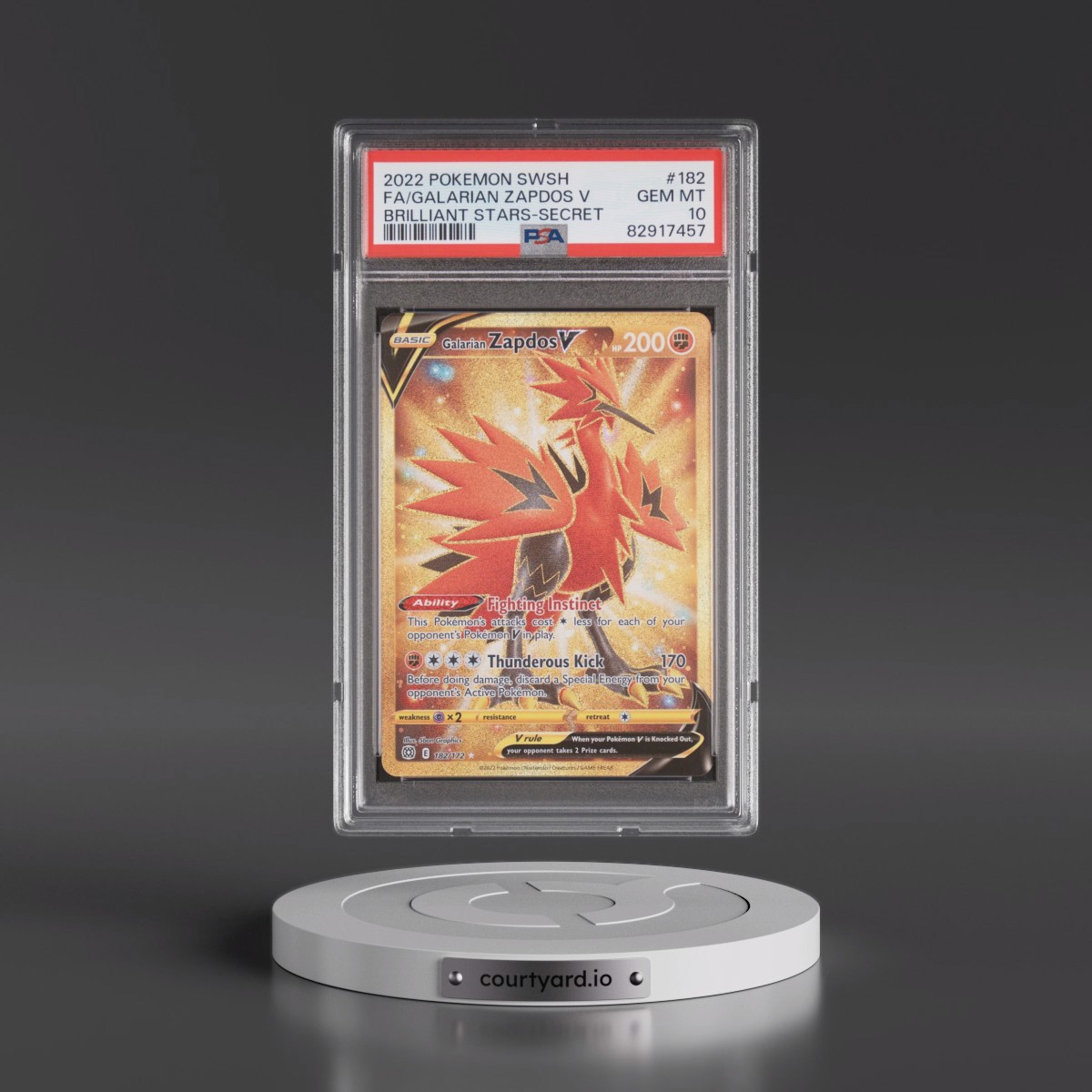 2022 Pokémon Sword & Shield Brilliant Stars #182 Galarian Zapdos V - Holo Full Art Secret (PSA 10 GEM MINT)