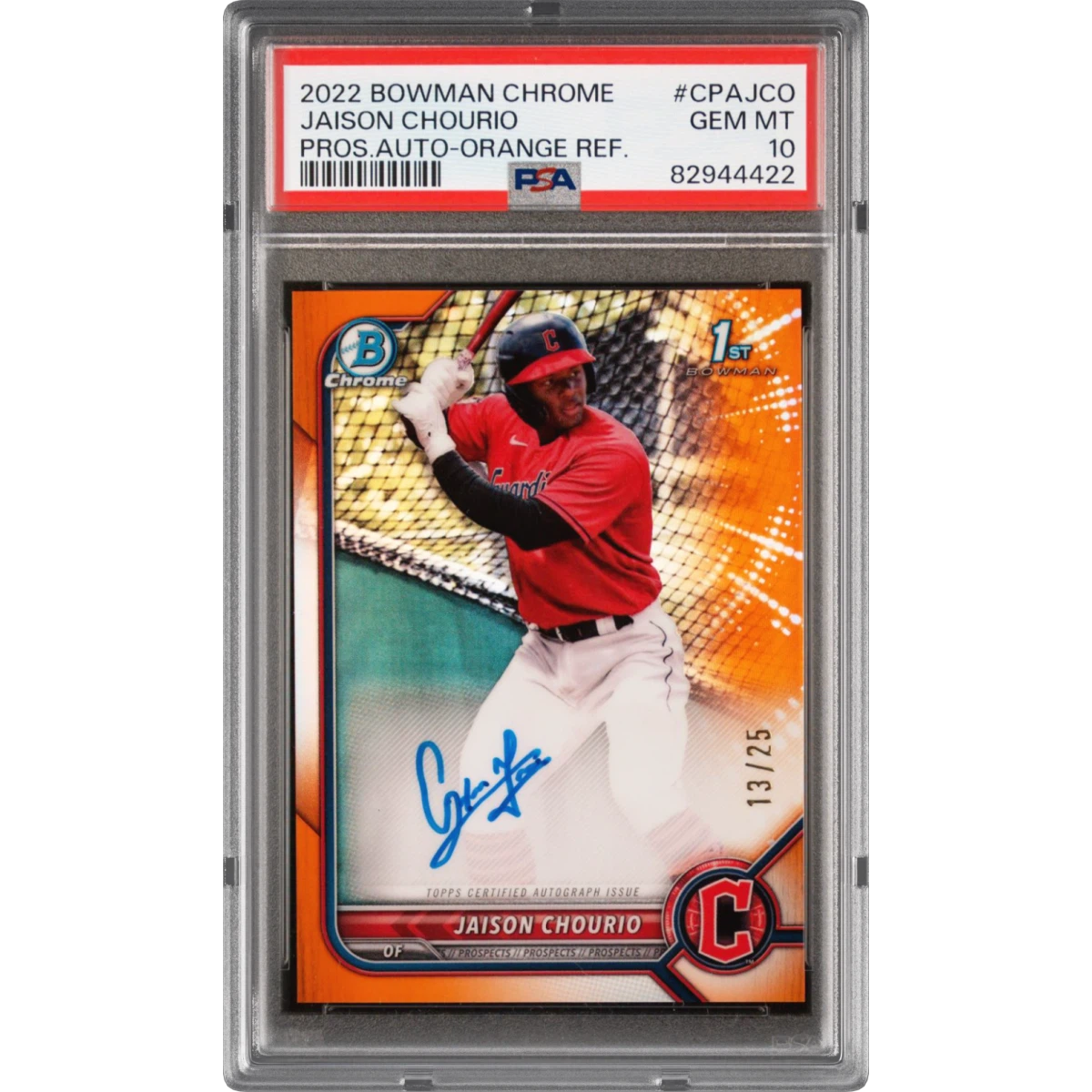 2022 Bowman Chrome Prospect Autographs #CPAJCO Jaison Chourio - Orange Refractor (PSA 10 GEM MINT)