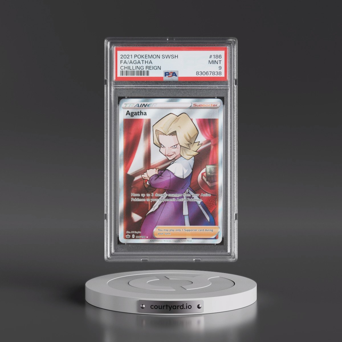 2021 Pokémon Sword & Shield Chilling Reign #186 Agatha - Full Art (PSA 9 MINT)