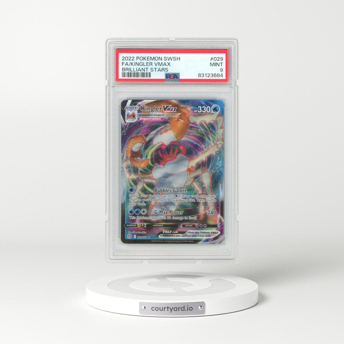 2022 Pokémon Sword & Shield Brilliant Stars #029 Kingler Vmax - Full Art (PSA 9 MINT)