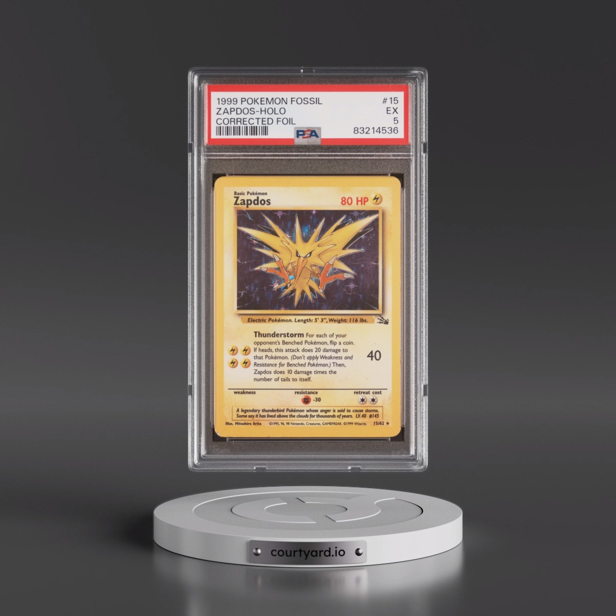 1999 Pokémon Fossil #15 Zapdos - Holo Corrected Foil (PSA 5 EX)