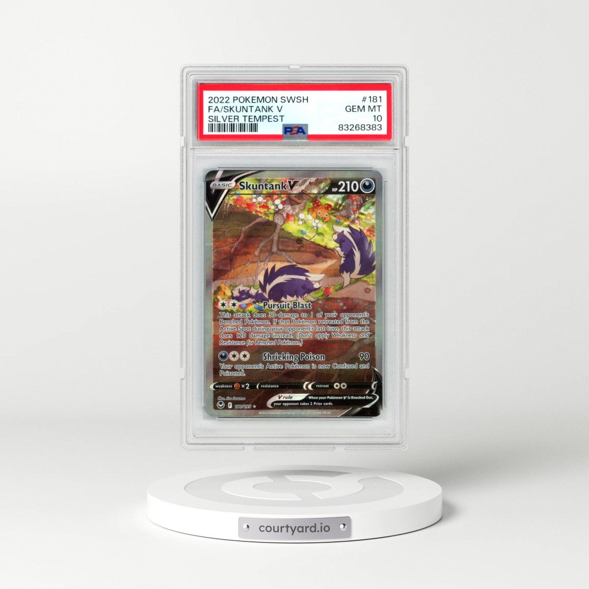 2022 Pokémon Sword & Shield Silver Tempest #181 Skuntank V - Holo Full Art (PSA 10 GEM MINT)