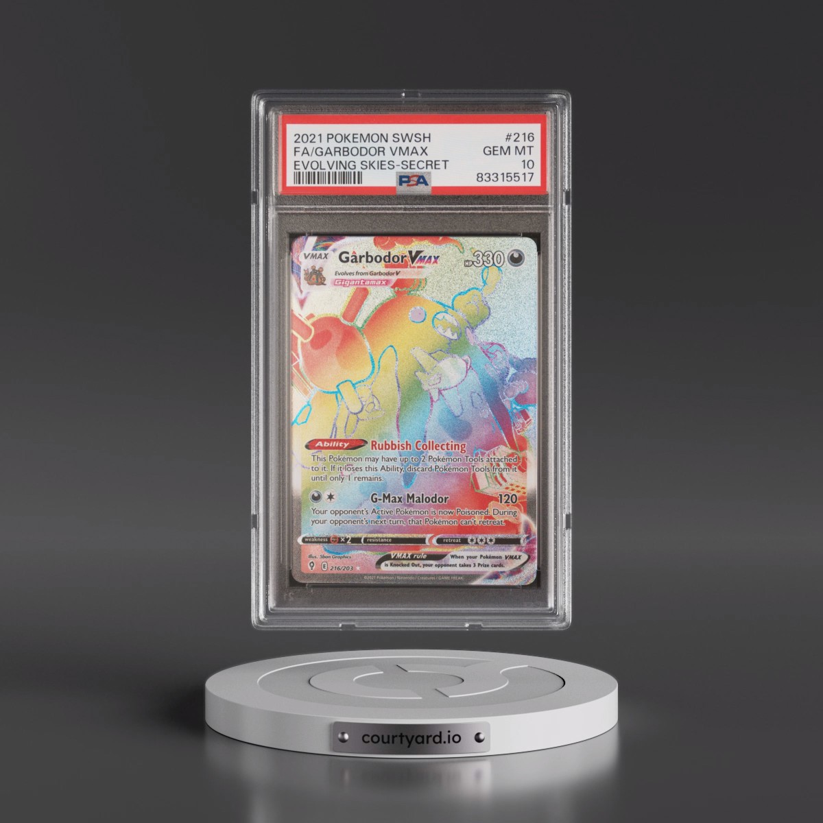 2021 Pokémon Sword & Shield Evolving Skies #216 Garbodor Vmax - Full Art Secret (PSA 10 GEM MINT)