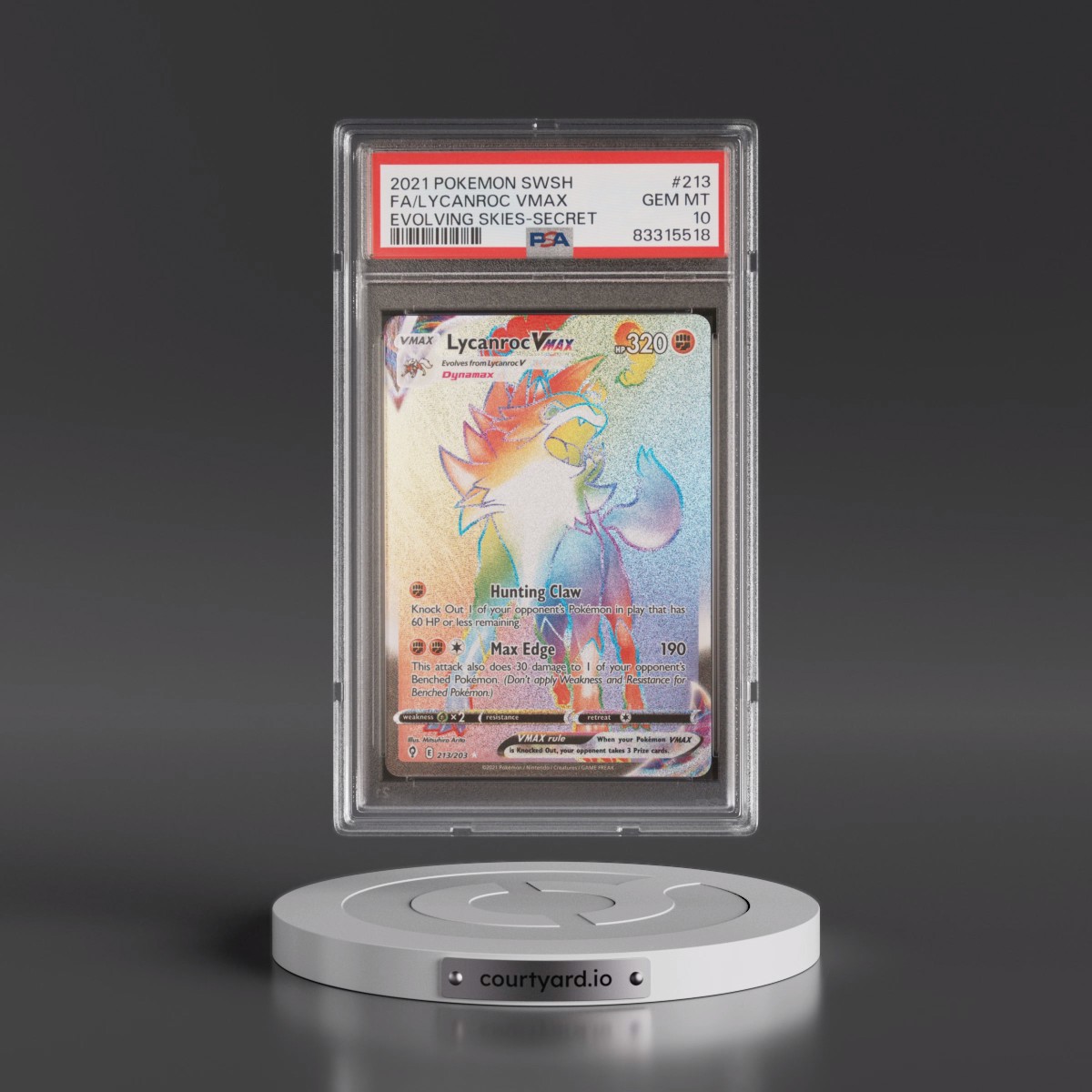 2021 Pokémon Sword & Shield Evolving Skies #213 Lycanroc Vmax - Full Art Secret (PSA 10 GEM MINT)