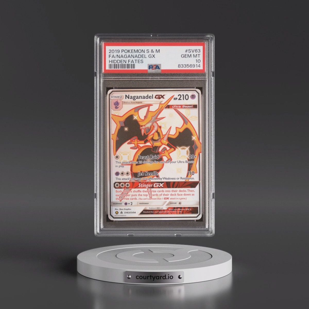 2019 Pokémon Sun & Moon Hidden Fates #SV63 Naganadel GX - Holo Full Art (PSA 10 GEM MINT)
