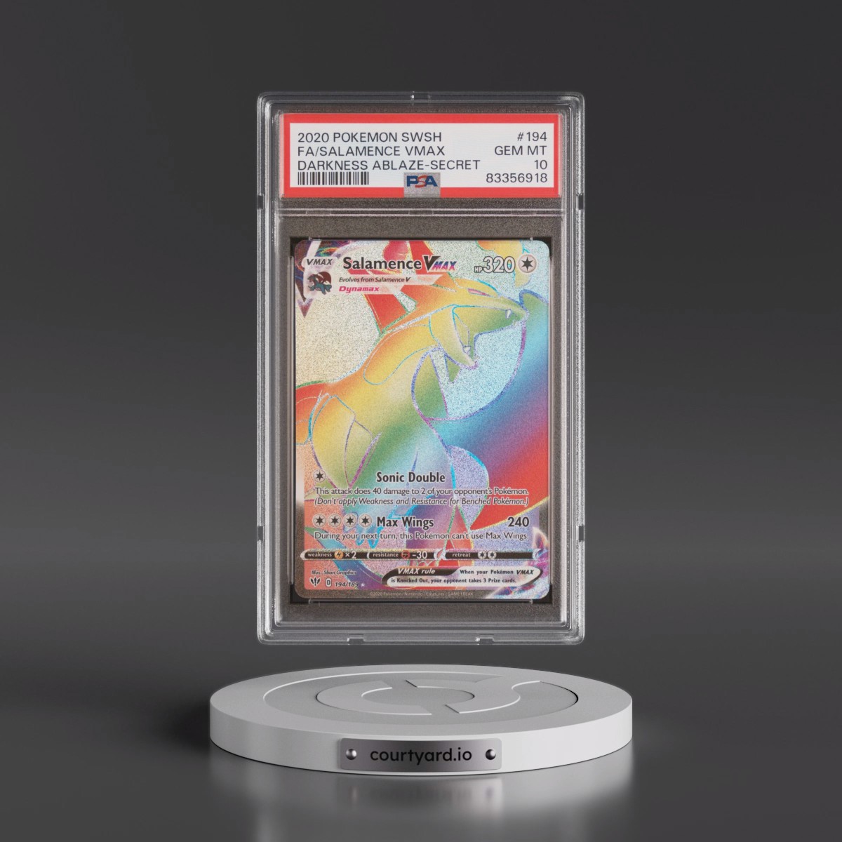 2020 Pokémon Sword & Shield Darkness Ablaze #194 Salamence Vmax - Full Art Secret (PSA 10 GEM MINT)