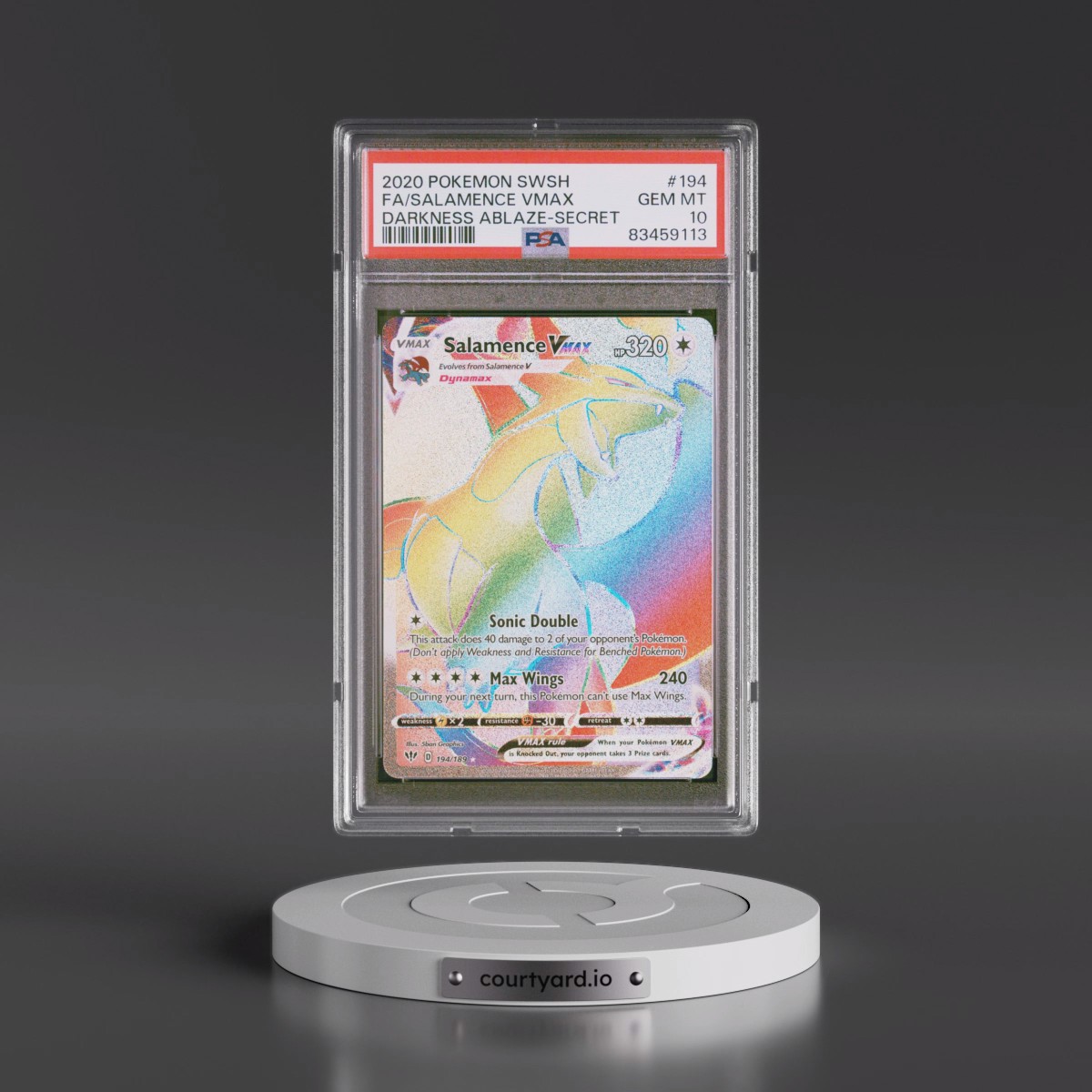 2020 Pokémon Sword & Shield Darkness Ablaze #194 Salamence Vmax - Full Art Secret (PSA 10 GEM MINT)