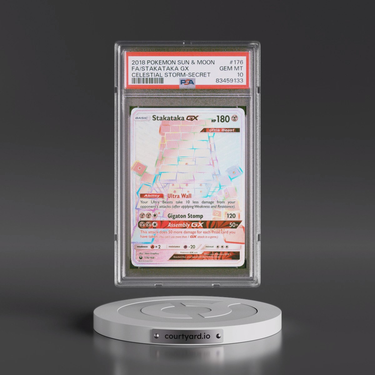 2018 Pokémon Sun & Moon Celestial Storm #176 Stakataka GX - Holo Full Art Secret (PSA 10 GEM MINT)