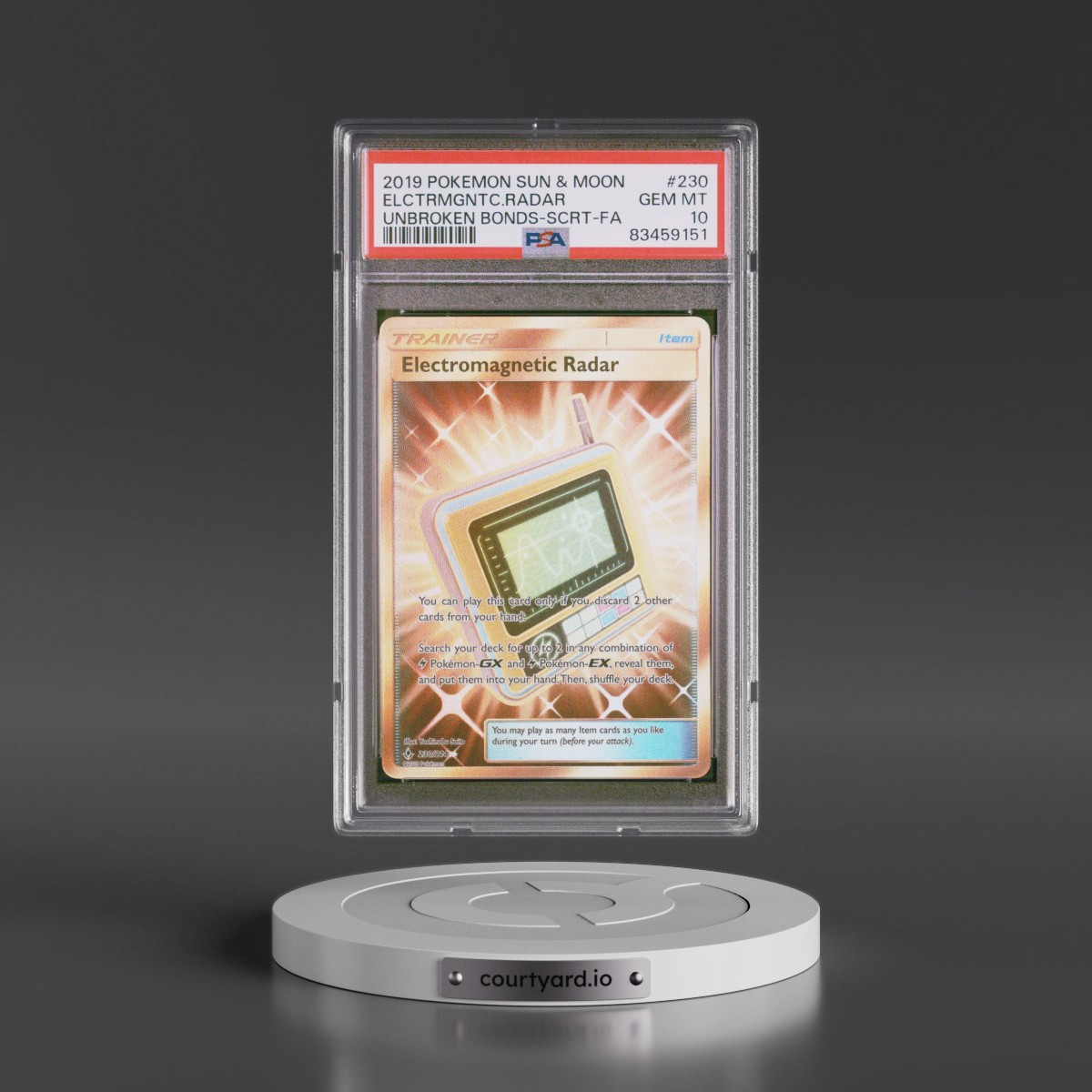 2019 Pokémon Sun & Moon Unbroken Bonds #230 Electromagnetic Radar - Full Art Secret (PSA 10 GEM MINT)