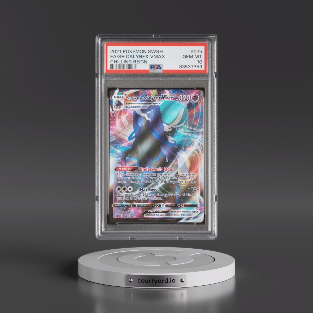 2021 Pokémon Sword & Shield Chilling Reign #075 Shadow Rider Calyrex Vmax - Full Art (PSA 10 GEM MINT)