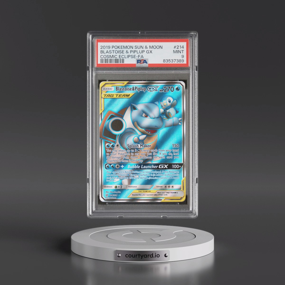 2019 Pokémon Sun & Moon Cosmic Eclipse #214 Blastoise & Piplup GX - Holo Full Art (PSA 9 MINT)
