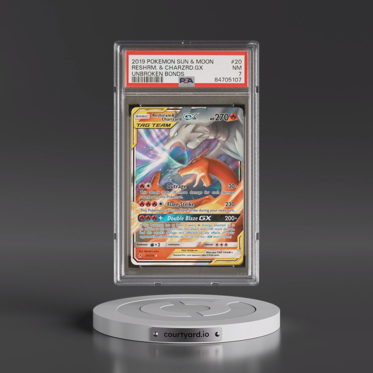 2019 Pokémon Sun & Moon Unbroken Bonds #20 Reshiram & Charizard GX - Holo (PSA 7 NM)