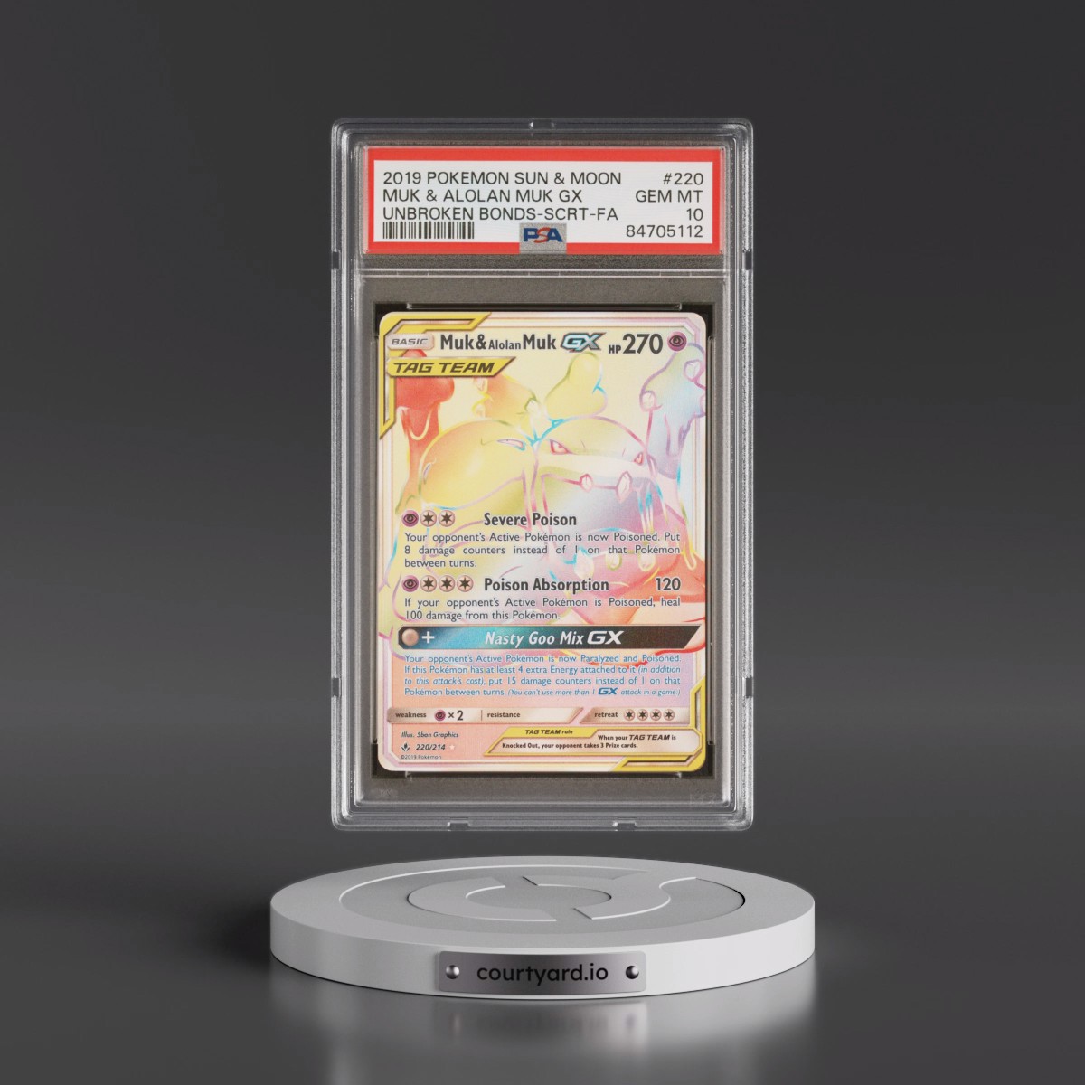 2019 Pokémon Sun & Moon Unbroken Bonds #220 Muk & Alolan Muk GX - Holo Full Art Secret (PSA 10 GEM MINT)