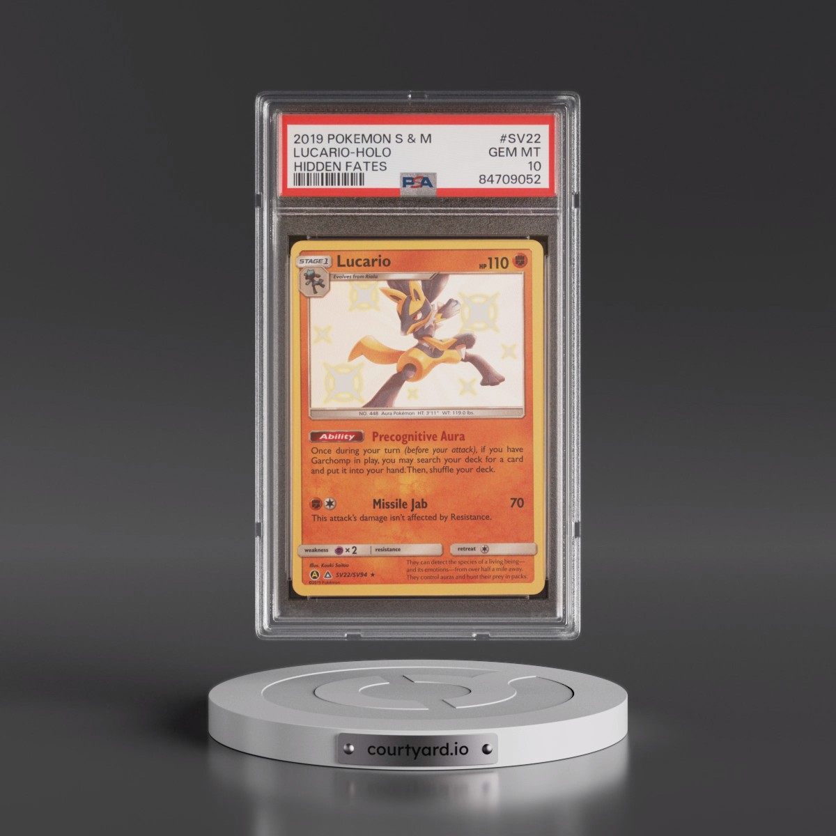 2019 Pokémon Sun & Moon Hidden Fates #SV22 Lucario - Holo (PSA 10 GEM MINT)