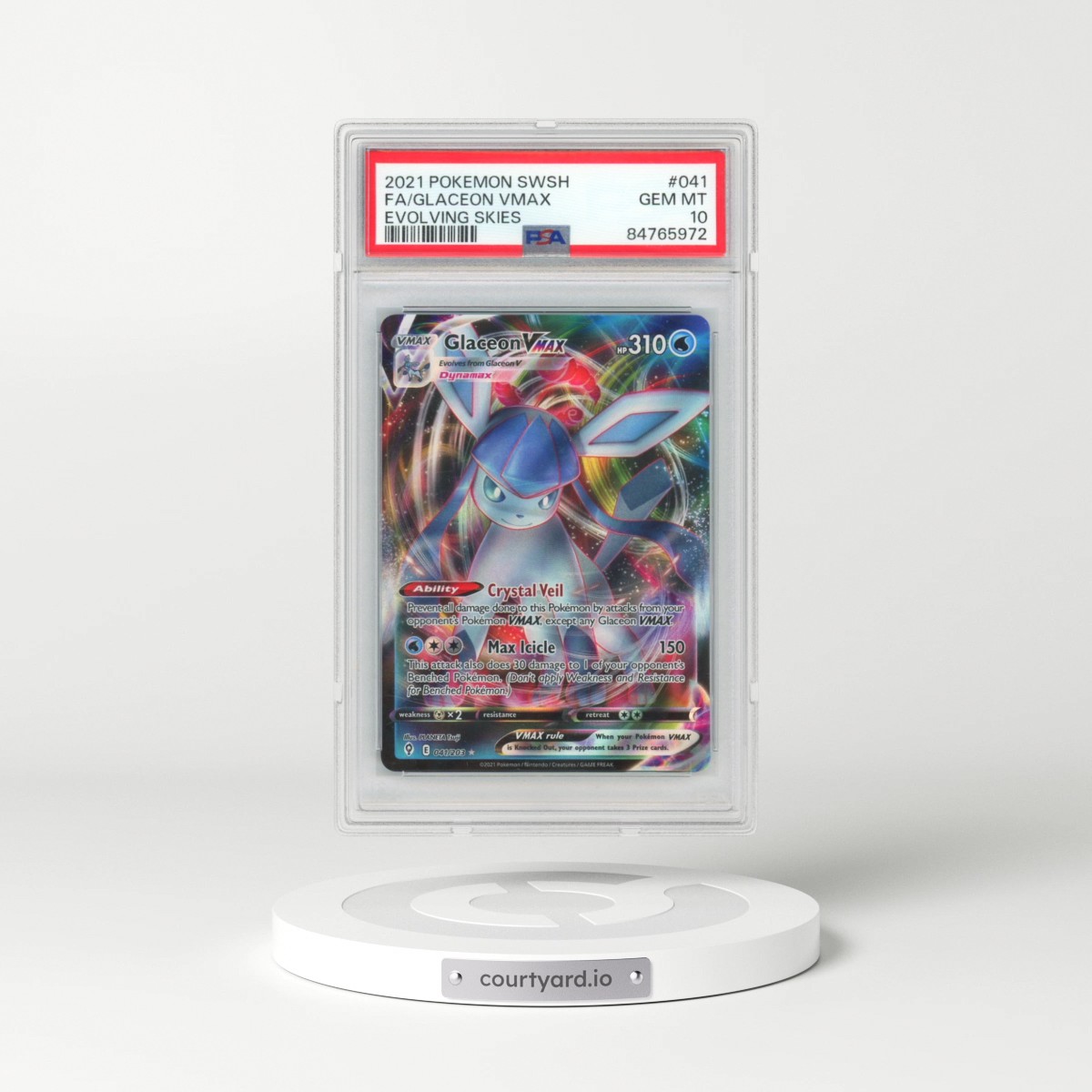 2021 Pokémon Sword & Shield Evolving Skies #041 Glaceon Vmax - Full Art (PSA 10 GEM MINT)