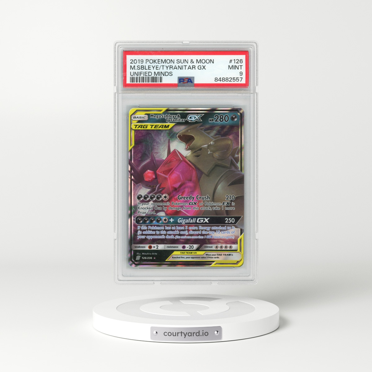 2019 Pokémon Sun & Moon Unified Minds #126 Mega Sableye & Tyranitar GX - Holo (PSA 9 MINT)
