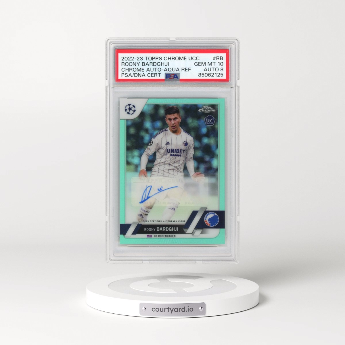 2022-23 Topps Chrome UEFA Club Competitions Chrome Autographs #RB Roony Bardghji - Aqua Refractor (PSA 10 GEM MINT)
