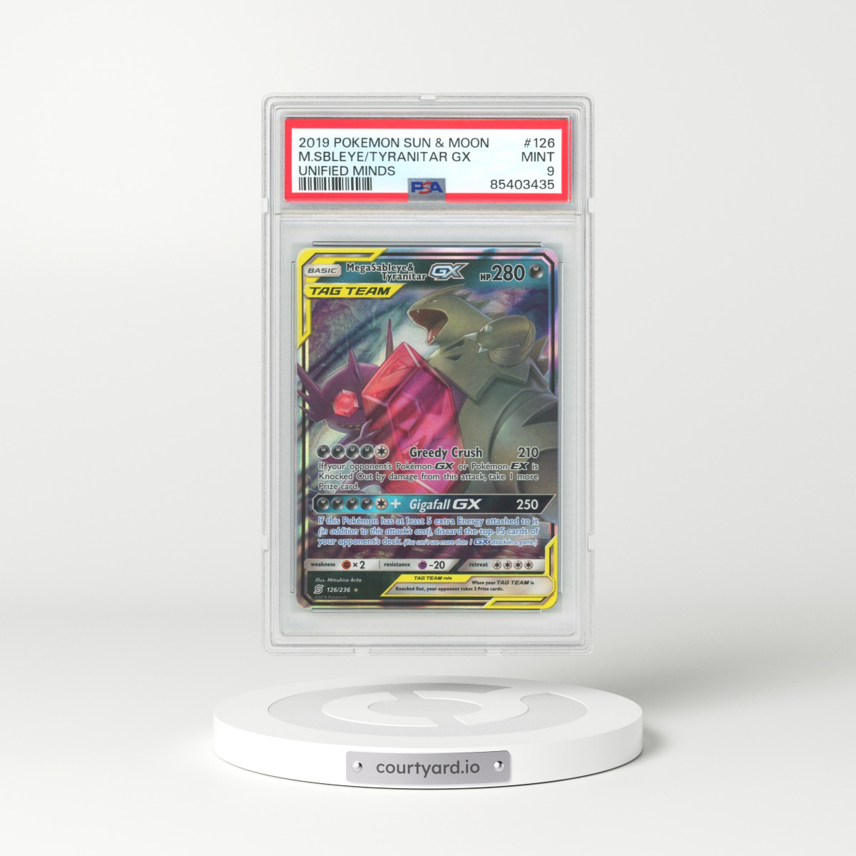 2019 Unified Minds #126 Mega Sableye & Tyranitar GX - Full Art Holo (PSA 9 MINT)