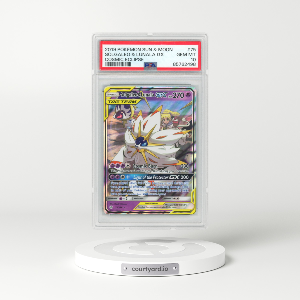 2019 Pokémon Sun & Moon Cosmic Eclipse #75 Solgaleo & Lunala GX - Holo (PSA 10 GEM MINT)