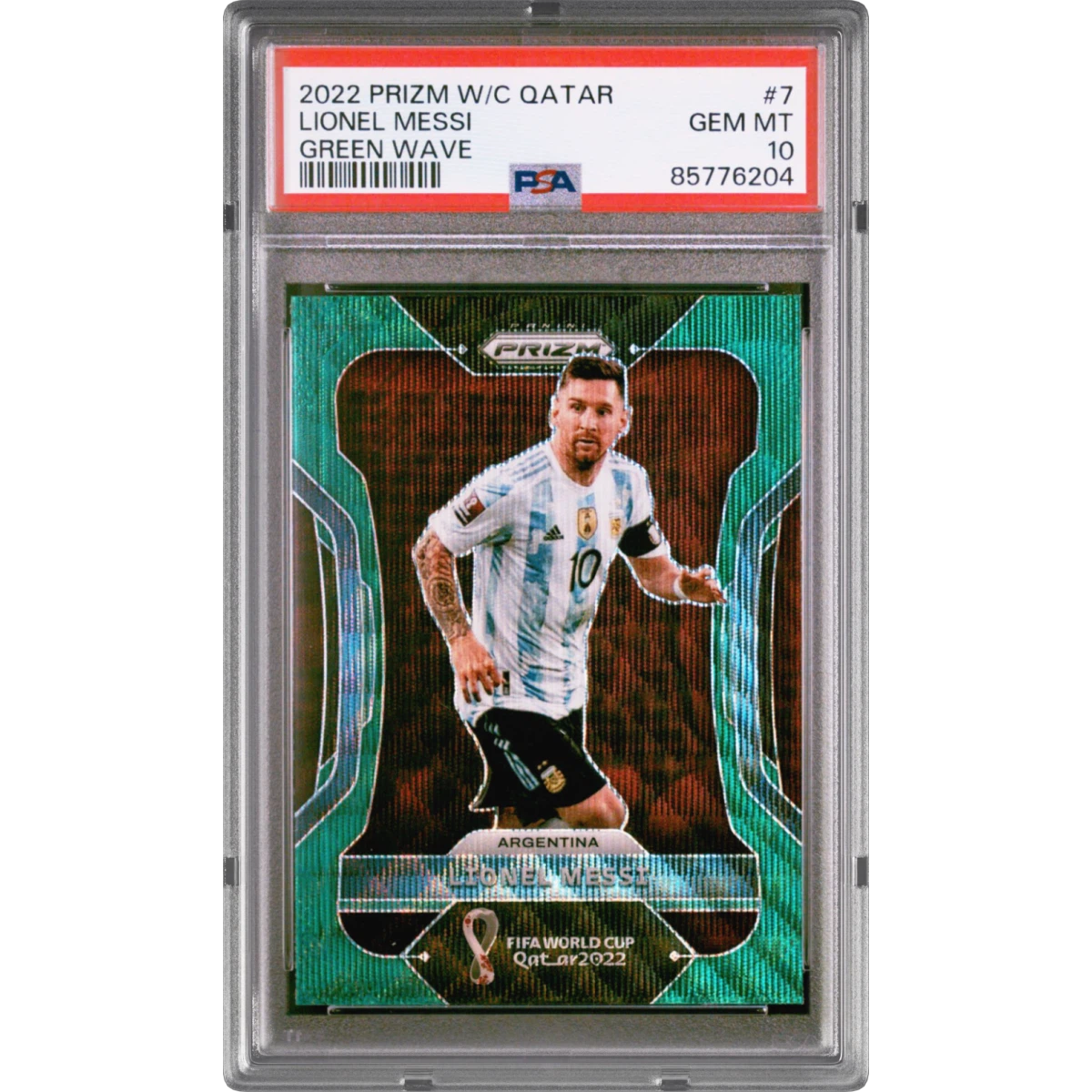 2022 Panini Prizm World Cup Qatar #7 Lionel Messi - Green Wave, PSA 10