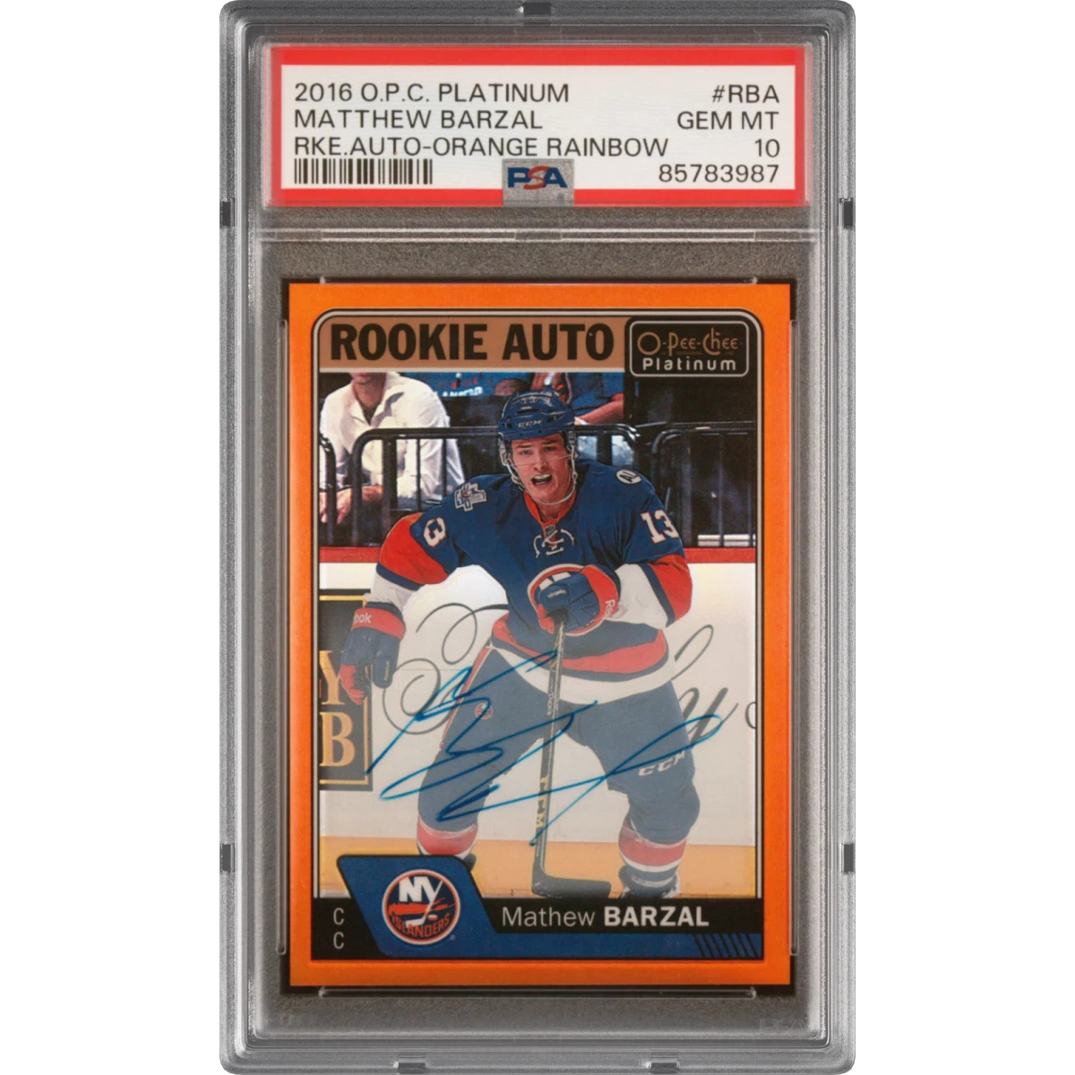2016 O-Pee-Chee Platinum Rookie Autographs #RBA Mathew Barzal - Orange Rainbow (PSA 10 GEM MINT)