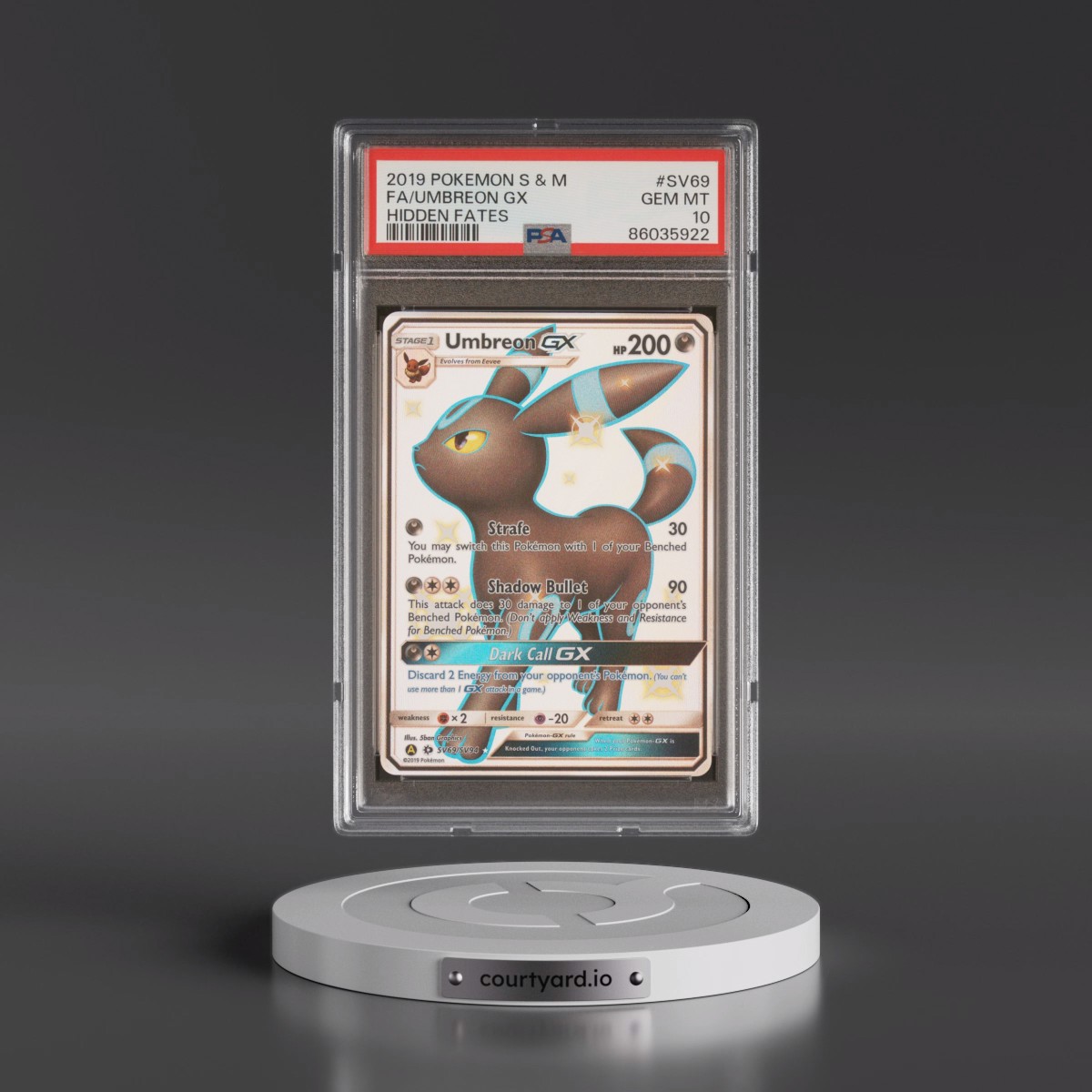 2019 Pokémon Sun & Moon Hidden Fates #SV69 Umbreon GX - Holo Full Art (PSA 10 GEM MINT)