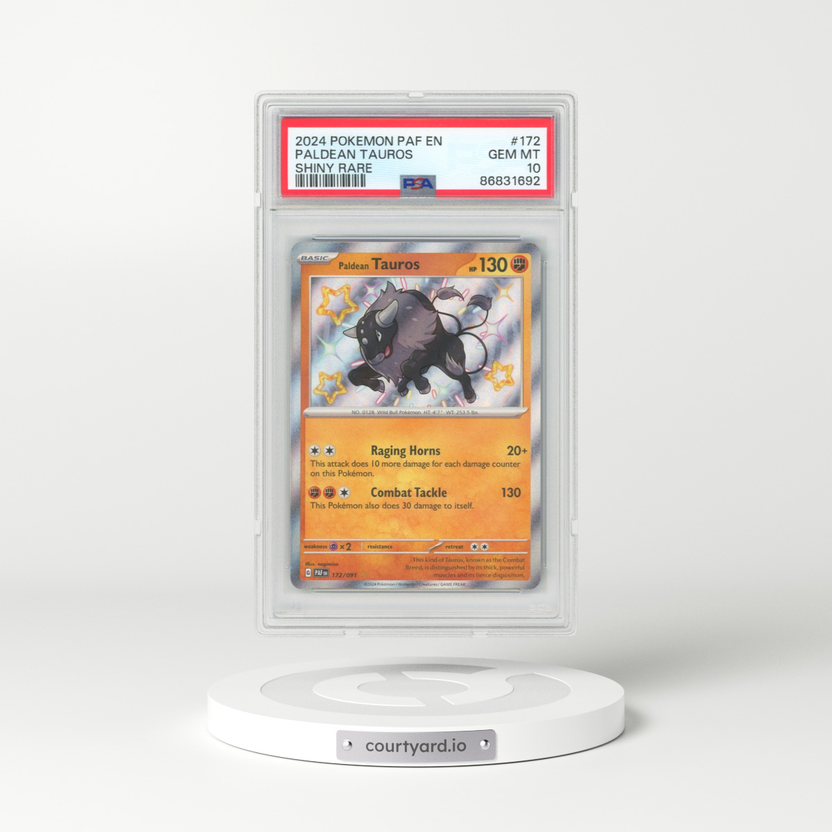 2024 Pokémon Paf EN-Paldean Fates #172 Paldean Tauros - Shiny Rare (PSA 10 GEM MINT)