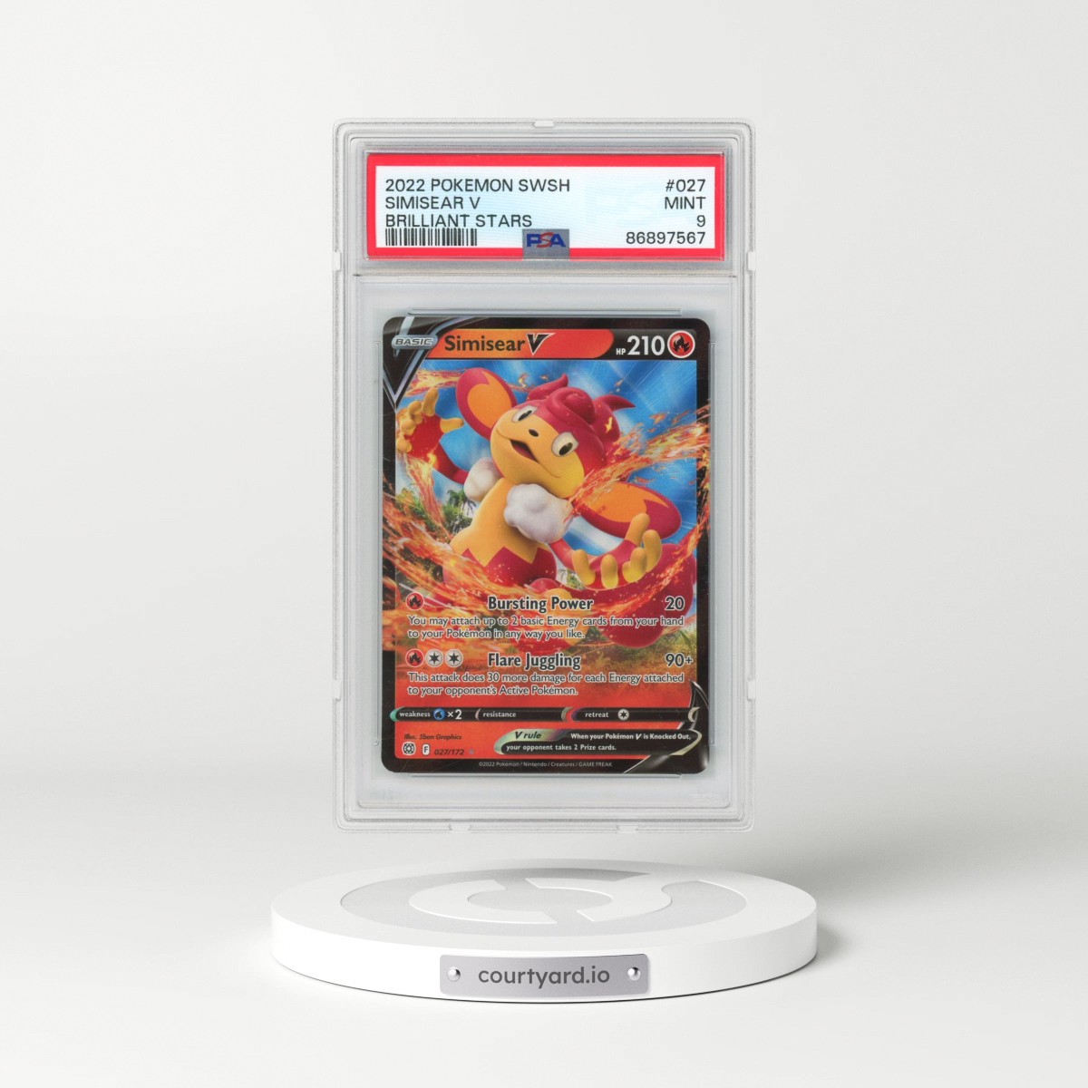 2022 Pokémon Sword & Shield Brilliant Stars #027 Simisear V - Holo (PSA 9 MINT)
