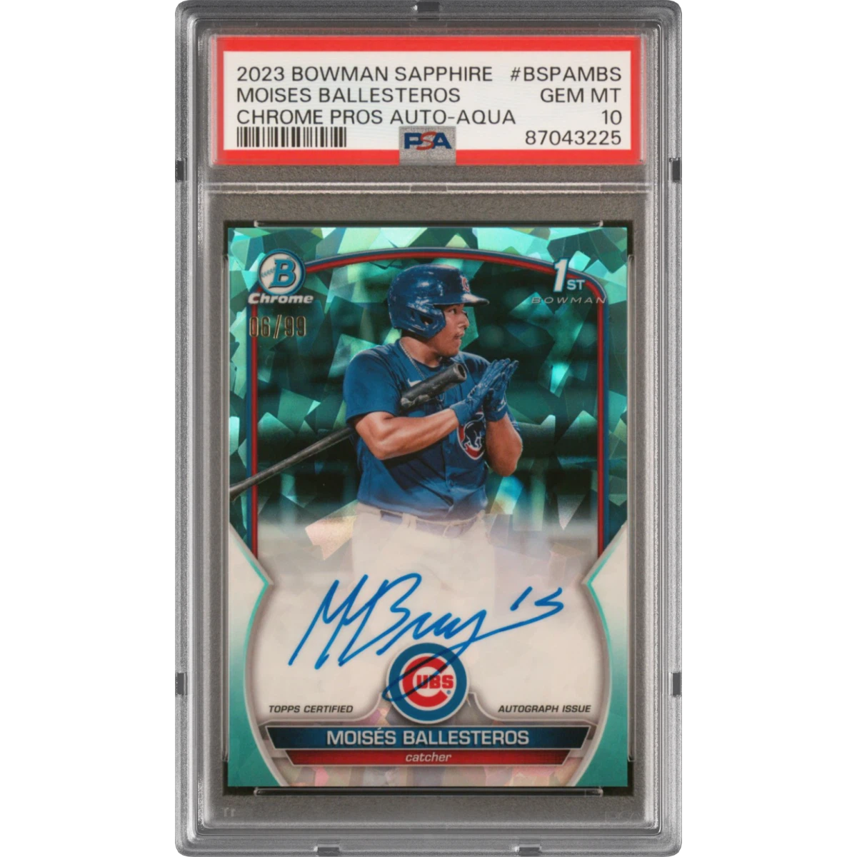 2023 Bowman Sapphire Edition Chrome Prospects Autographs #BSPAMBS Moises Ballesteros - Aqua, PSA 10