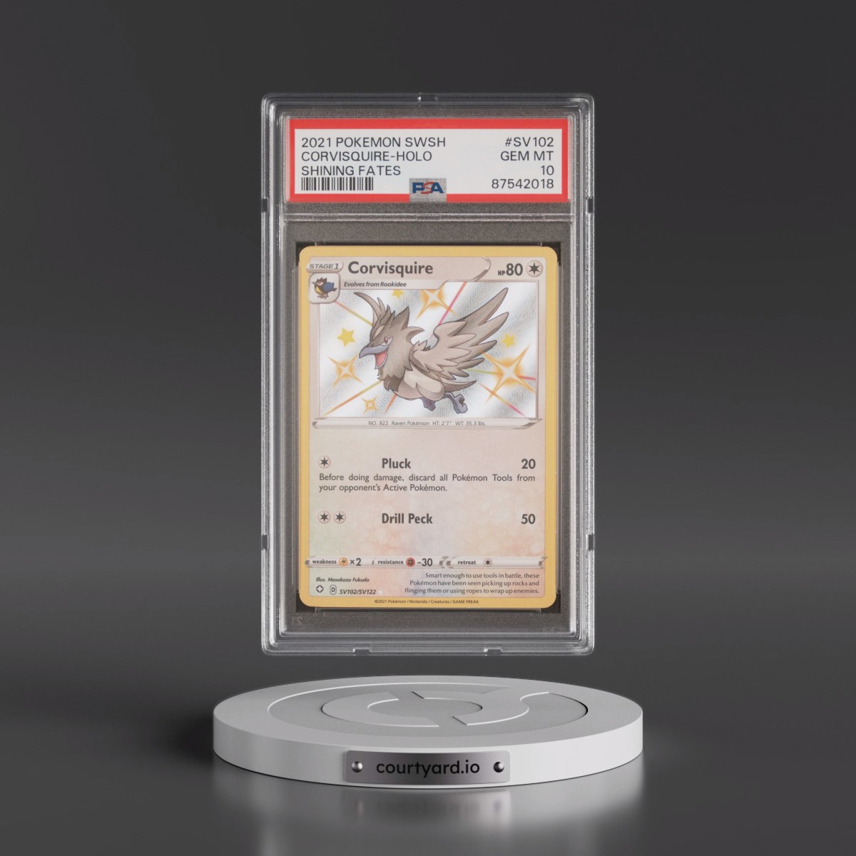 2021 Pokémon Sword & Shield Shining Fates #SV102 Corvisquire - Holo (PSA 10 GEM MINT)