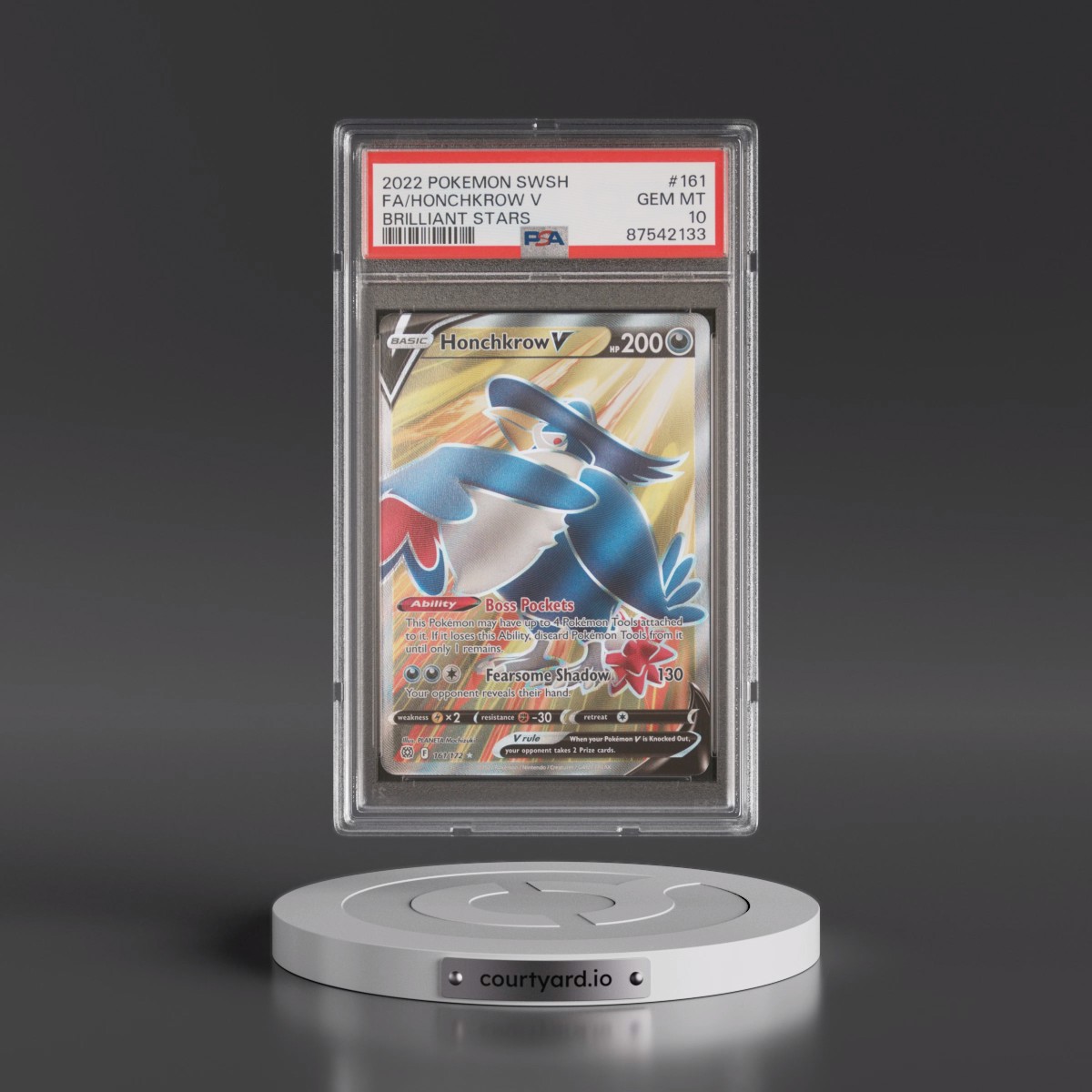 2022 Pokémon Sword & Shield Brilliant Stars #161 Honchkrow V - Holo Full Art (PSA 10 GEM MINT)
