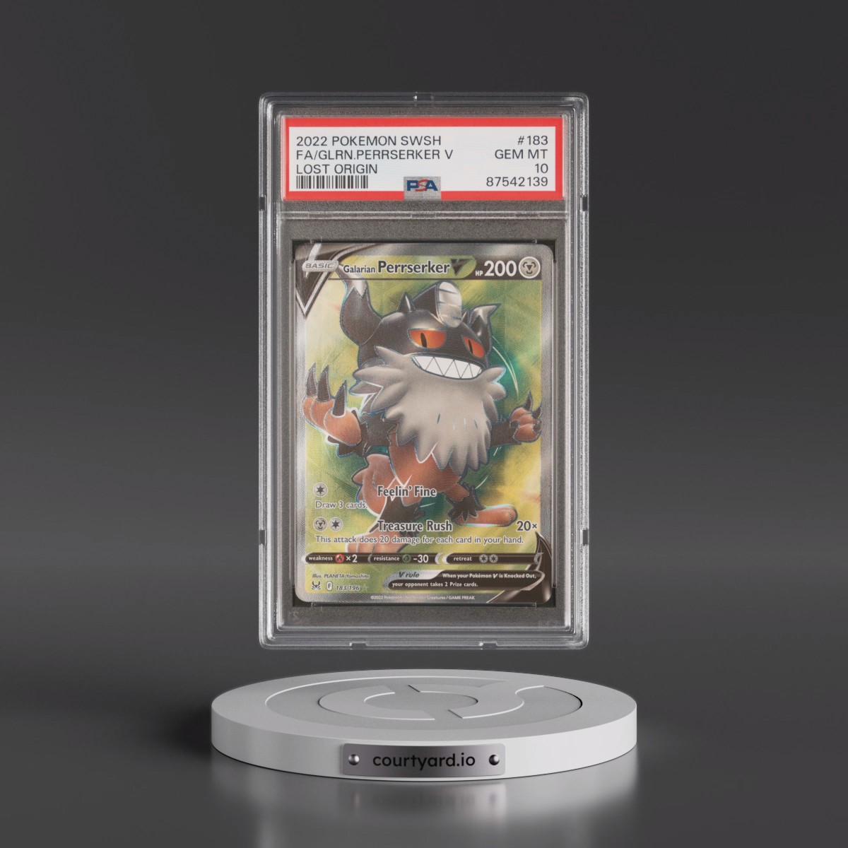 2022 Pokémon Sword & Shield Lost Origin #183 Galarian Perrserker V - Holo Full Art (PSA 10 GEM MINT)