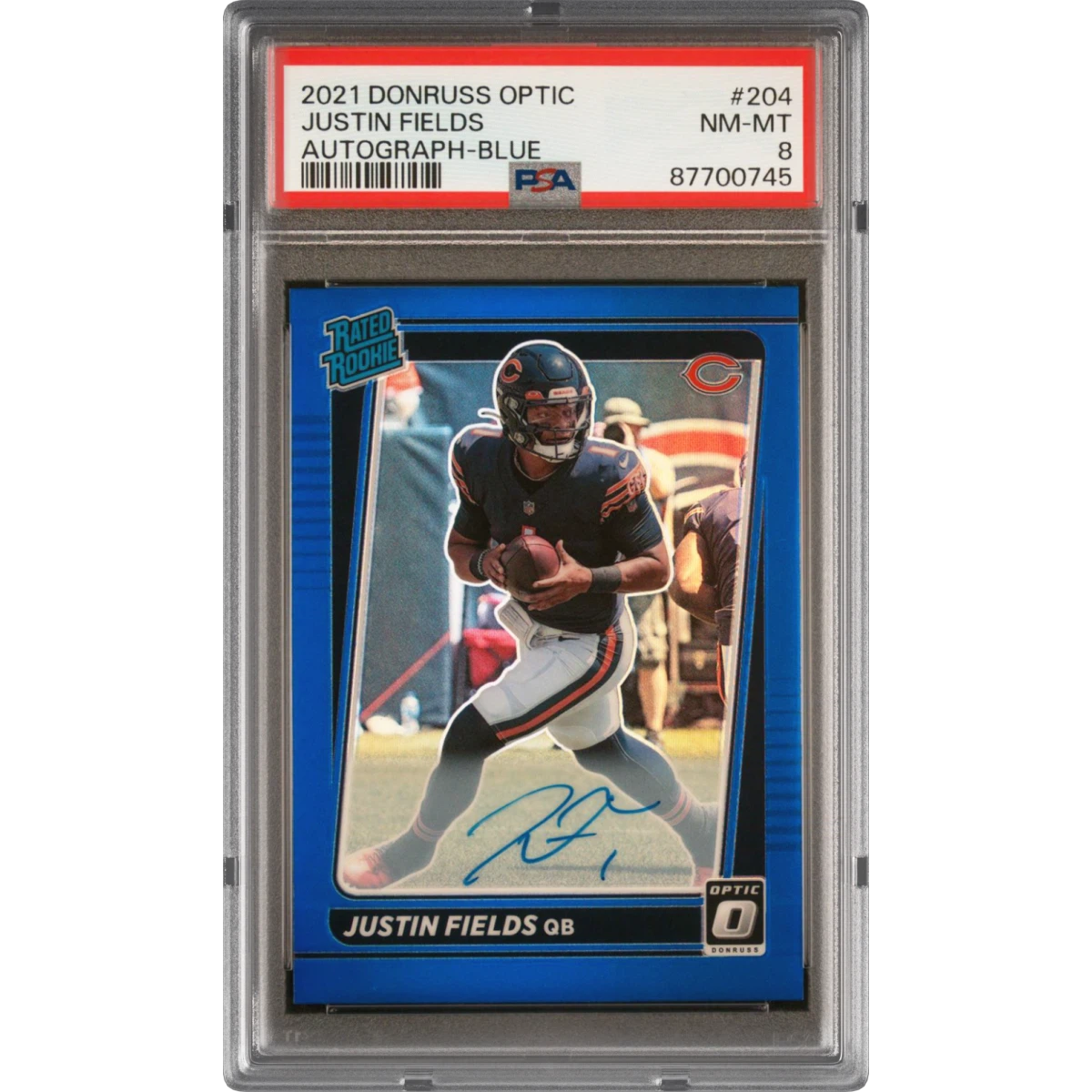 2021 Panini Donruss Optic #204 Justin Fields - Autograph-Blue (PSA 8 NM-MT)